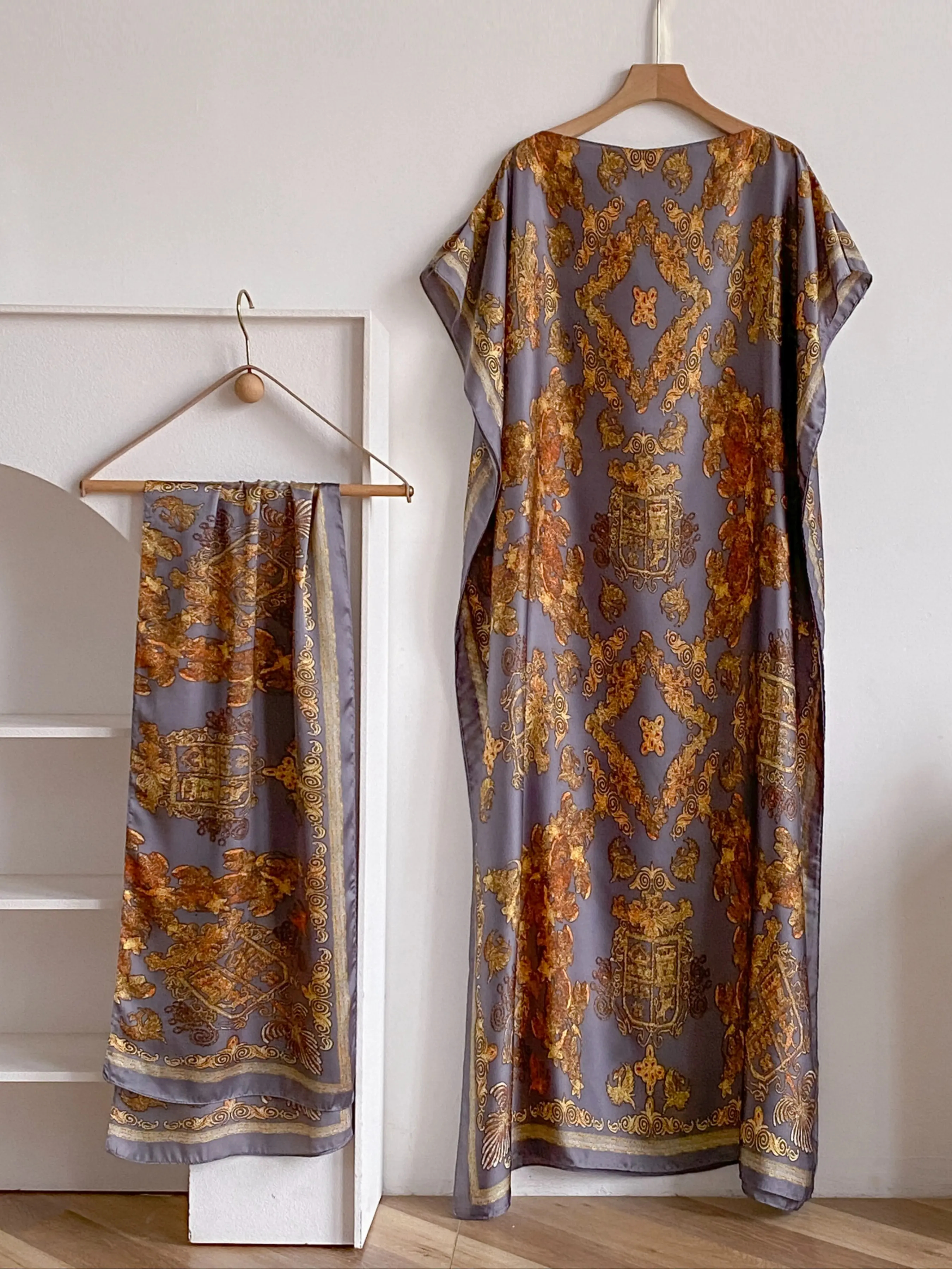 Women's Floral Print Lightweight Long Dress & Scarf Piece Set Outfit, Boho Casual Wear Shawl Dress & Scarf Set for Beach Vacation Holiday, Ladies Clothes for All Seasons