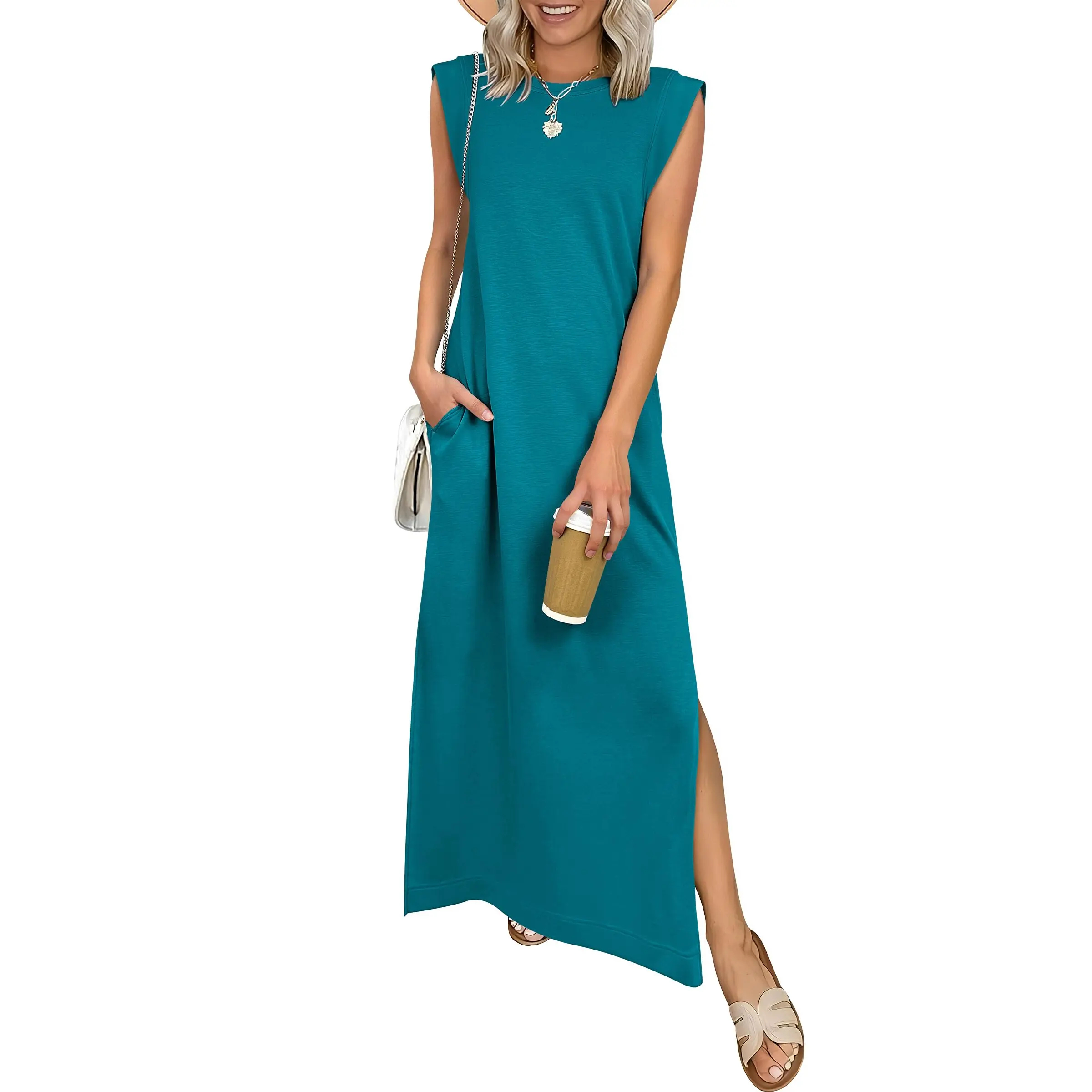 Summer Casual Sleeveless Maxi Dress 2026 Crewneck Loose Split Wrinkle-Free Beach Travel Vacation Long Sundress