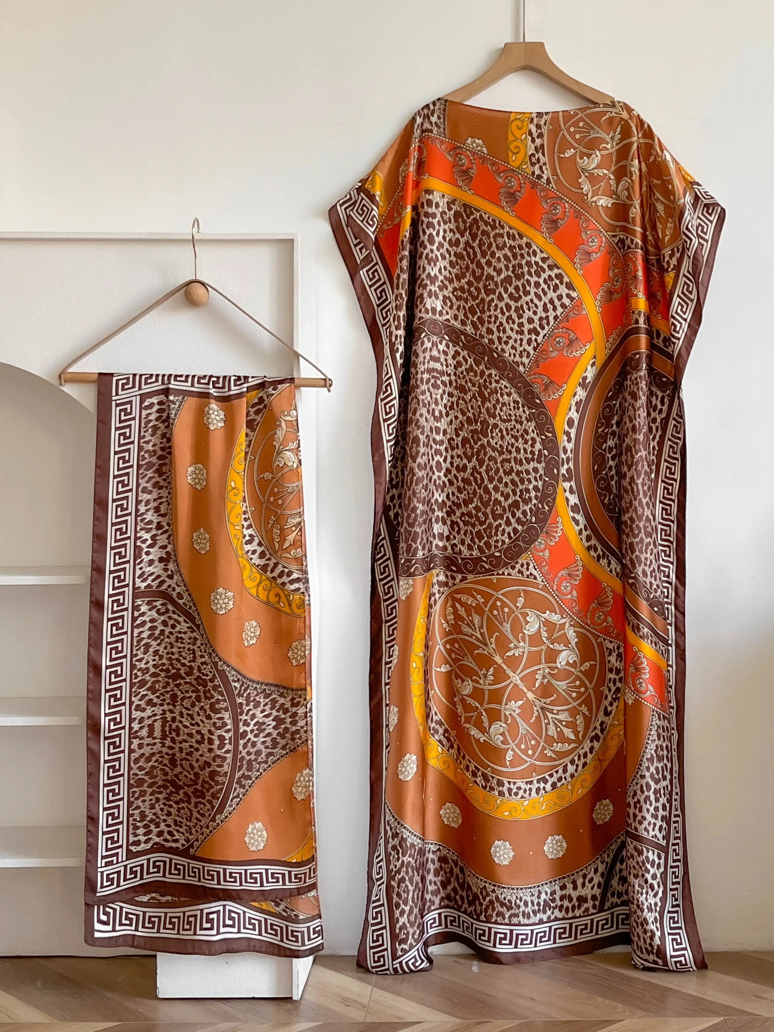 Women's Floral Print Lightweight Long Dress & Scarf Piece Set Outfit, Boho Casual Wear Shawl Dress & Scarf Set for Beach Vacation Holiday, Ladies Clothes for All Seasons
