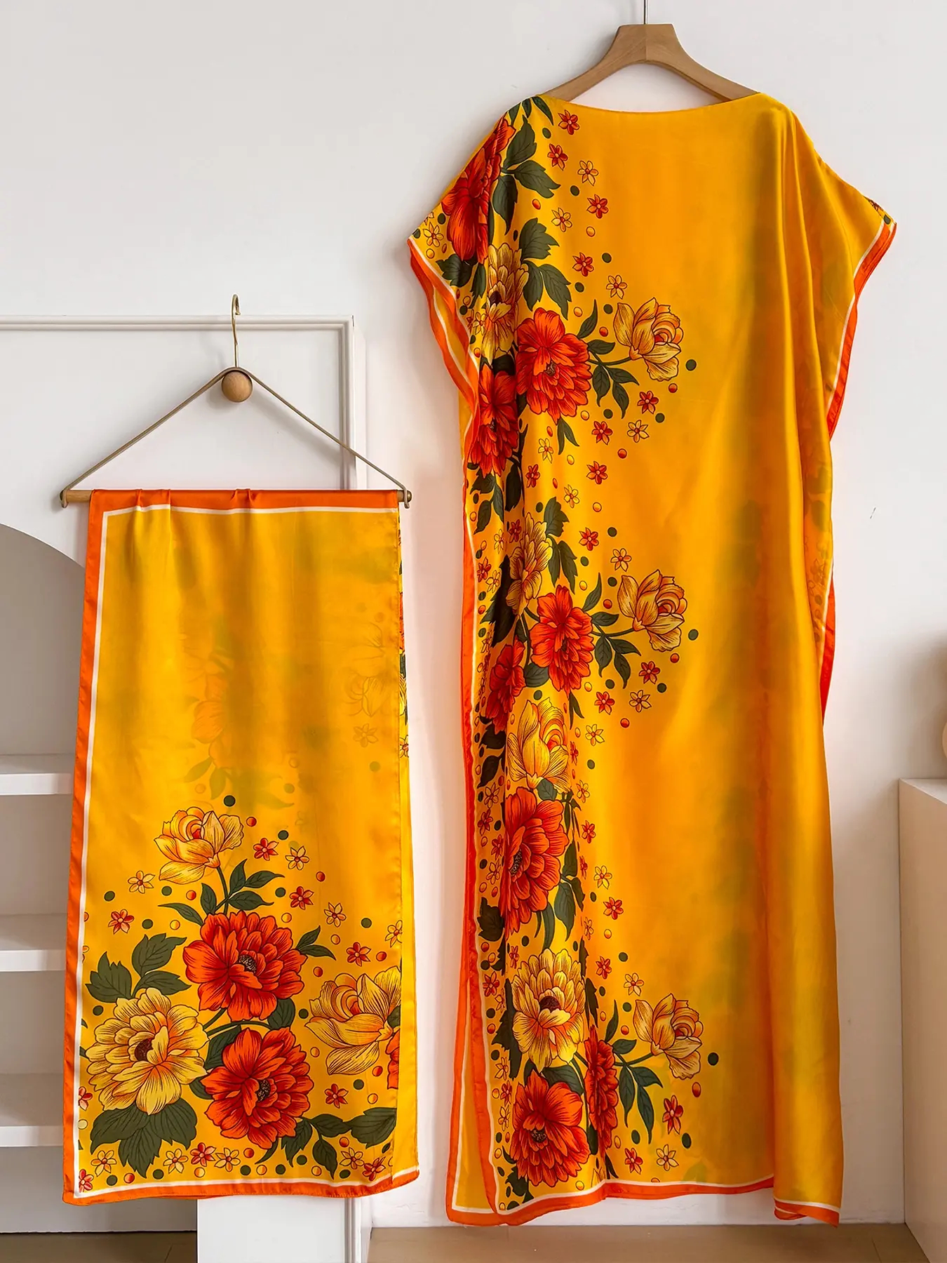 Women's Floral Print Lightweight Long Dress & Scarf Piece Set Outfit, Boho Casual Wear Shawl Dress & Scarf Set for Beach Vacation Holiday, Ladies Clothes for All Seasons