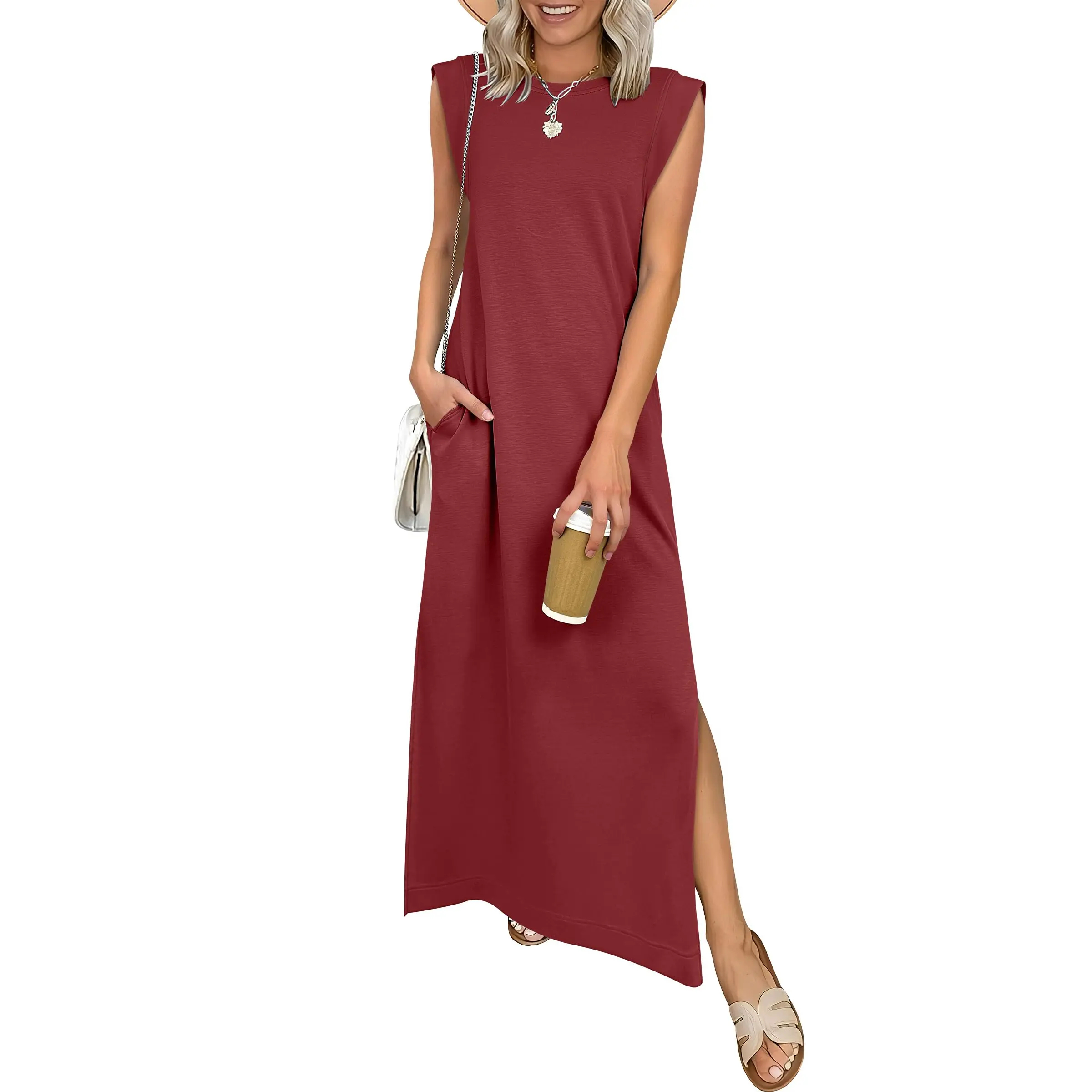 Summer Casual Sleeveless Maxi Dress 2026 Crewneck Loose Split Wrinkle-Free Beach Travel Vacation Long Sundress