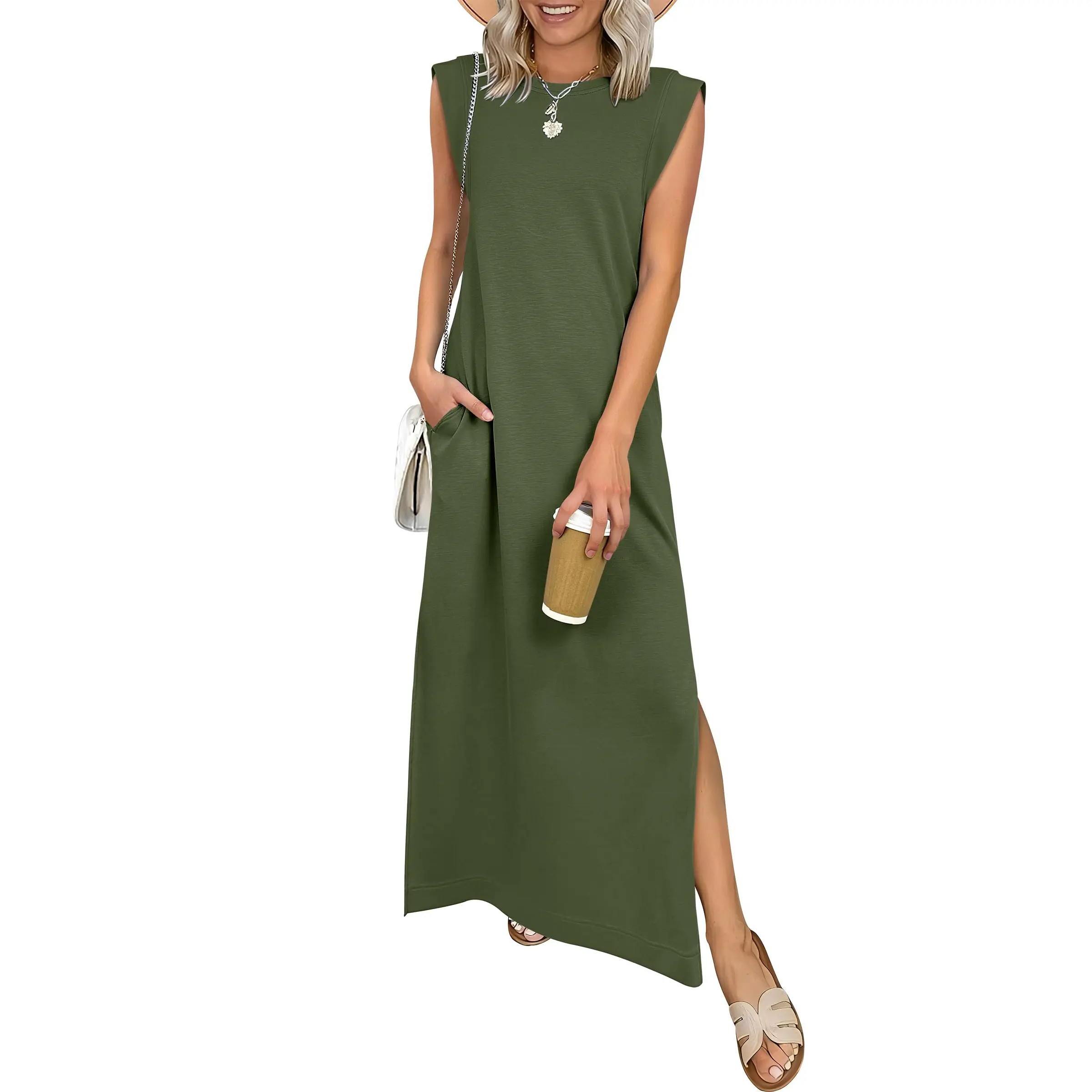 Summer Casual Sleeveless Maxi Dress 2026 Crewneck Loose Split Wrinkle-Free Beach Travel Vacation Long Sundress