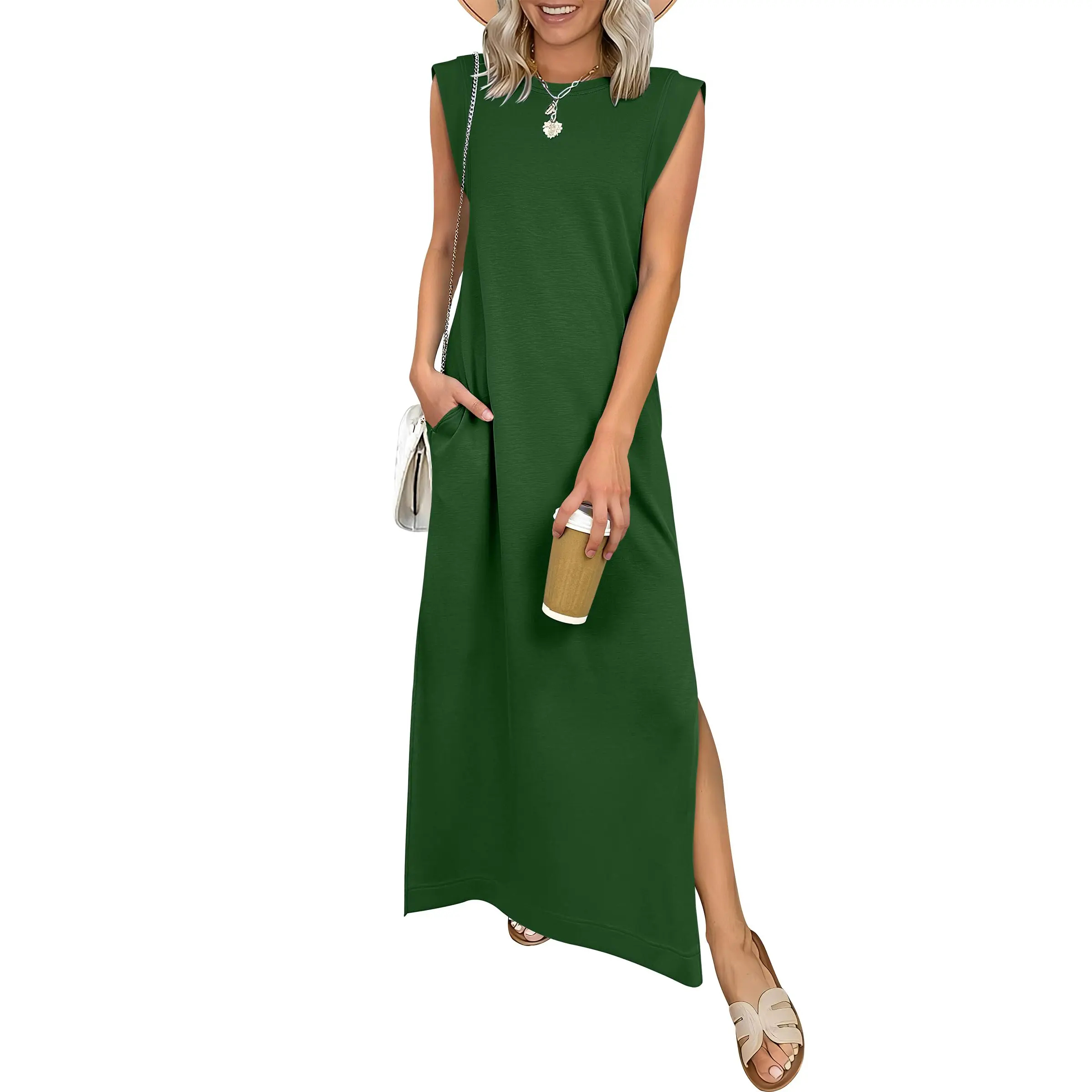 Summer Casual Sleeveless Maxi Dress 2026 Crewneck Loose Split Wrinkle-Free Beach Travel Vacation Long Sundress