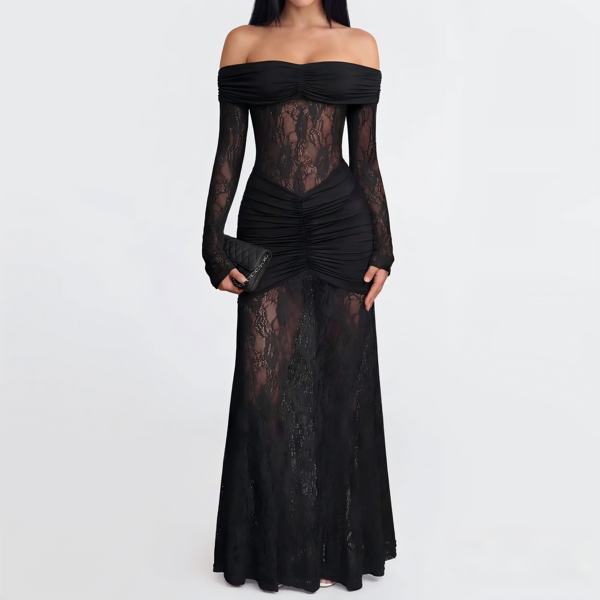 Maxi Lace Party Dress - Elegant Off-Shoulder