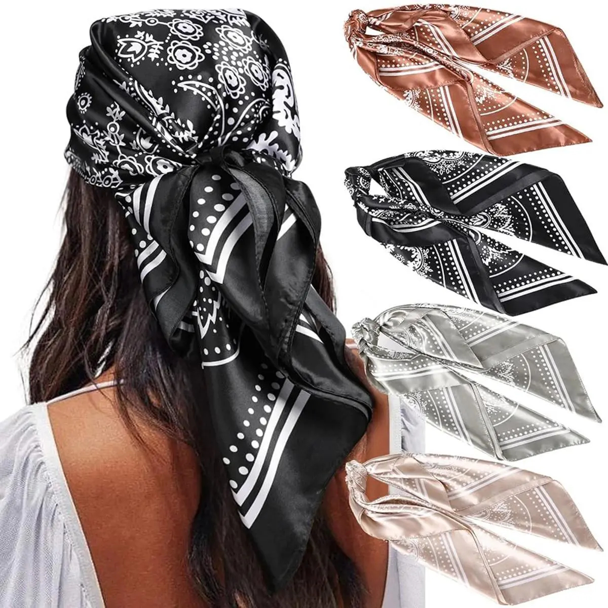 4 Pack Shawl Scarf Set for Women, 35" Large Square Silk-Like Satin Head Wrap, Allover Print Fashion Neck Shawl Accessories for Women, Floral Print Scarf, Decorative Scarf