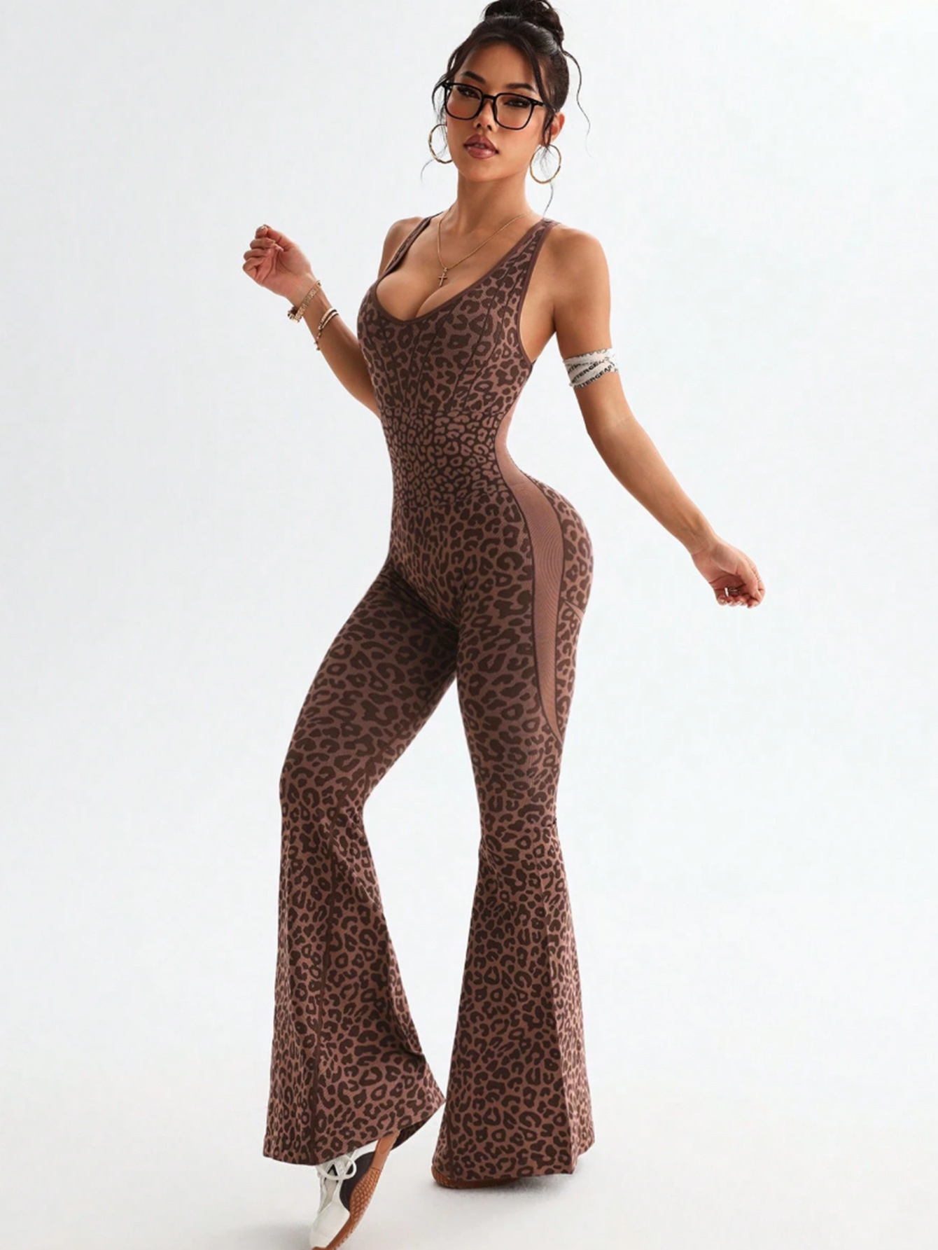 Women's Leopard Print Flared Sports Jumpsuit - Backless Hollow Cross-Twisted Back, High-Waisted, Cooling Quick-Drying, Figure-Flattering Gym Apparel, Sports Clothes, Casual Style for Yoga/Outdoor, Clothes for Women