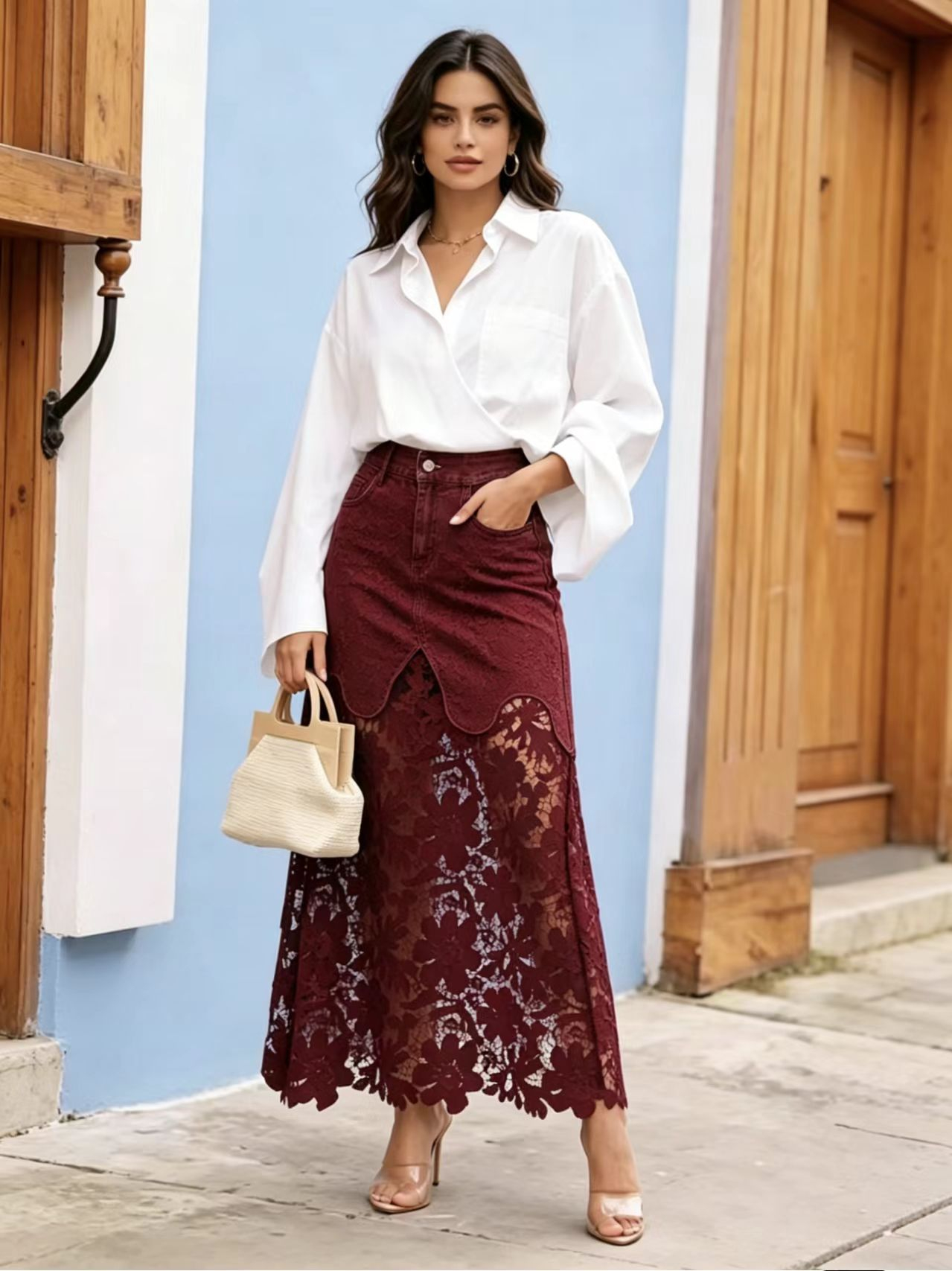Women Lace Eyelet Patchwork Jean Skirt High Waisted Boho Floral Mesh Sheer Long Denim A Line Maxi Jean Skirt with Pockets