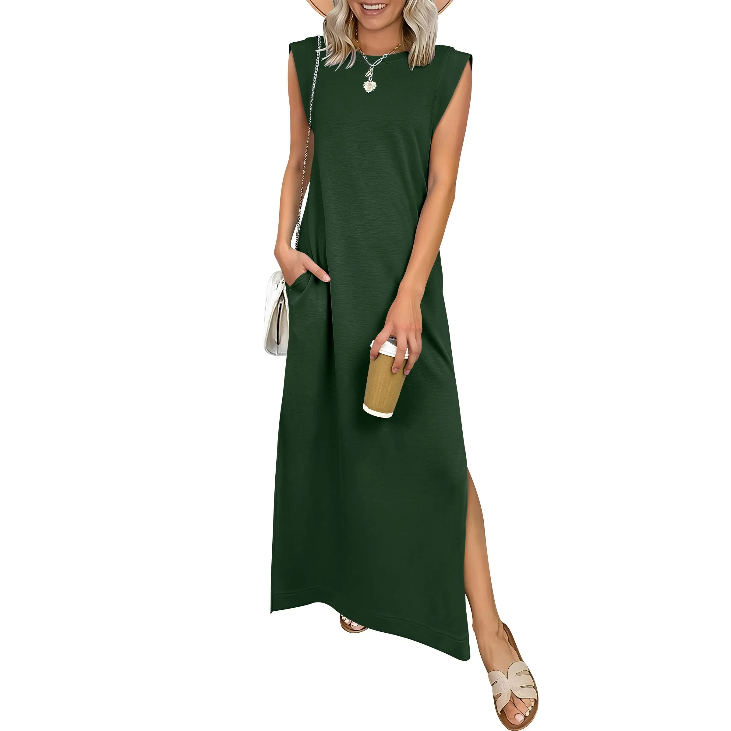 Summer Casual Sleeveless Maxi Dress 2026 Crewneck Loose Split Wrinkle-Free Beach Travel Vacation Long Sundress
