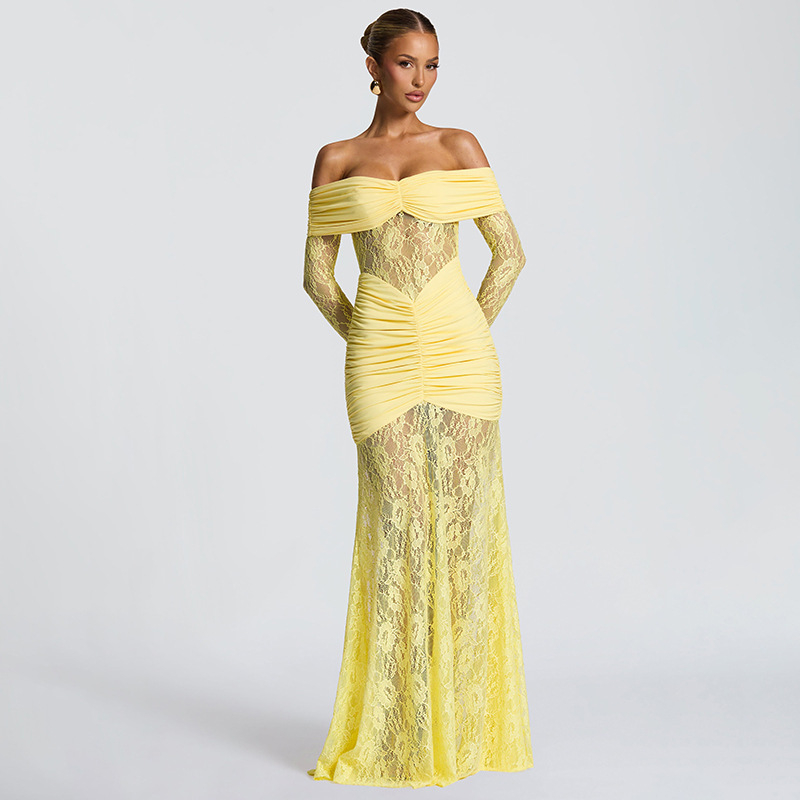 Maxi Lace Party Dress - Elegant Off-Shoulder