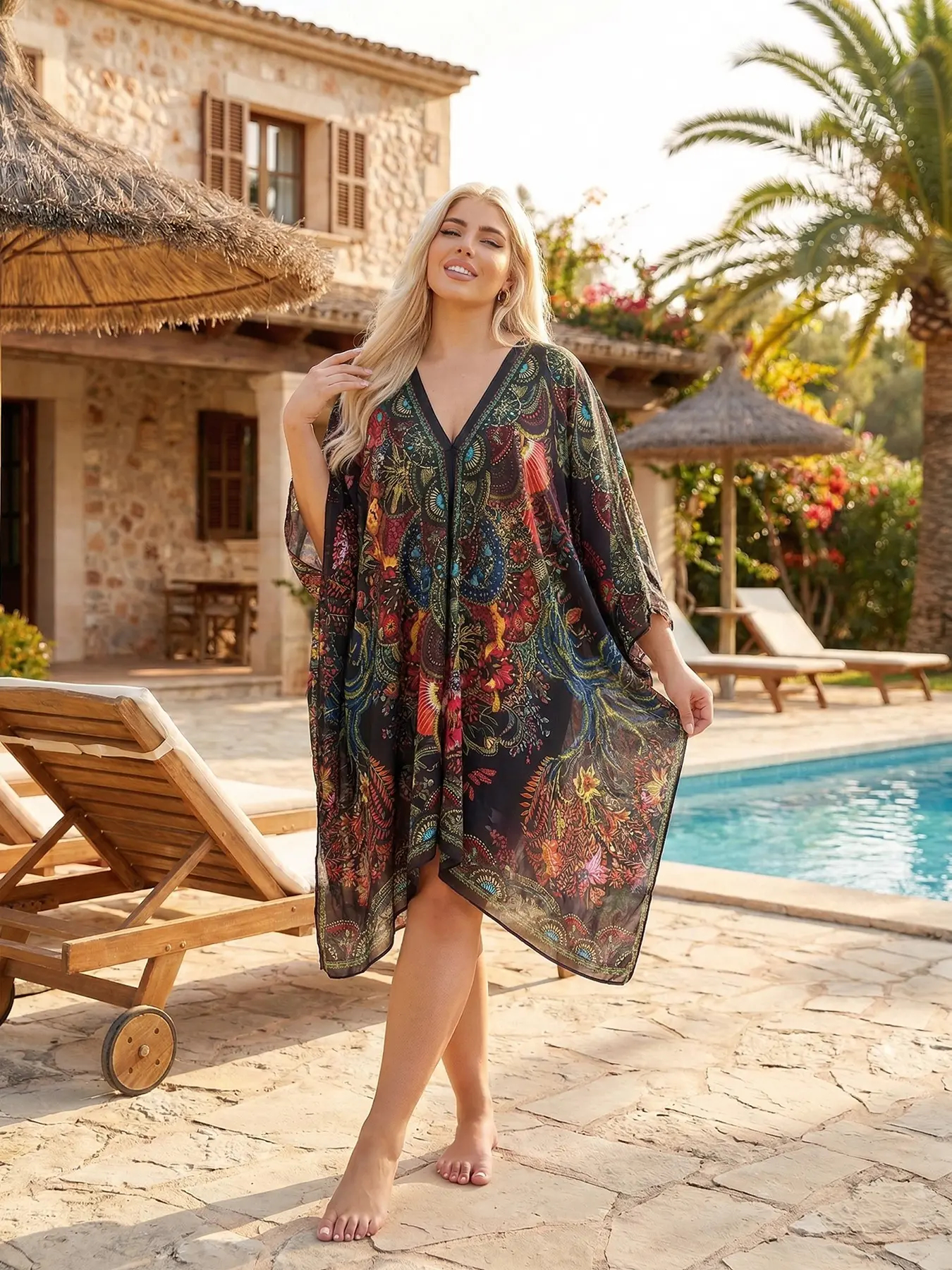 Women's Large V-Neck Shawl, Beach Cover-Up, Beach Coverups, V Neck Coverup, Loose Fit, Breathable, Eye-Catching Print, Perfect for Vacation & Daily Wear