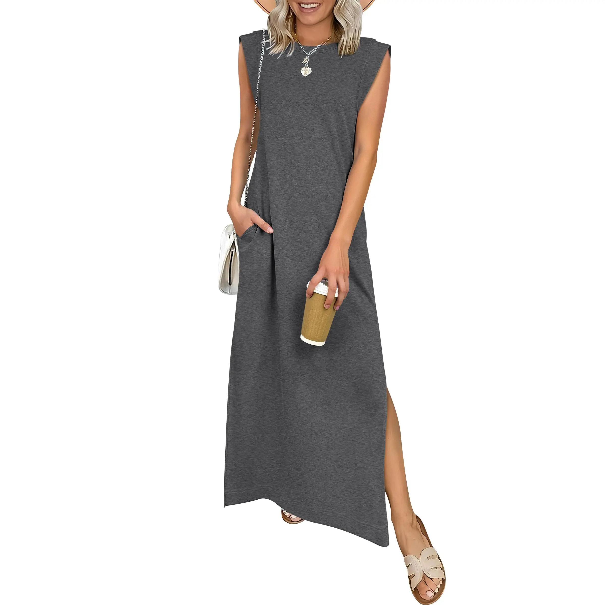 Summer Casual Sleeveless Maxi Dress 2026 Crewneck Loose Split Wrinkle-Free Beach Travel Vacation Long Sundress