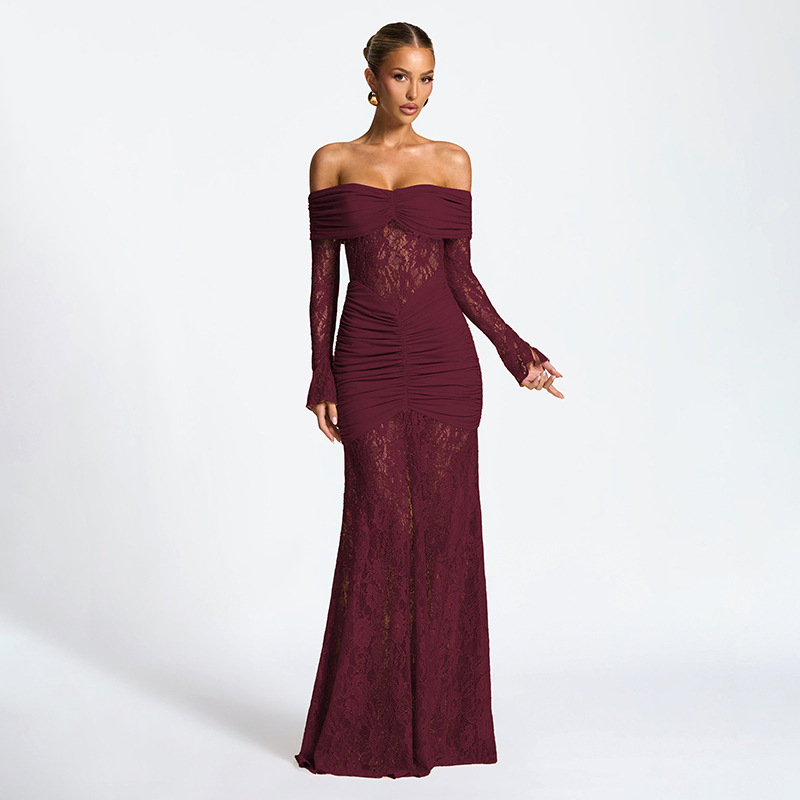 Maxi Lace Party Dress - Elegant Off-Shoulder