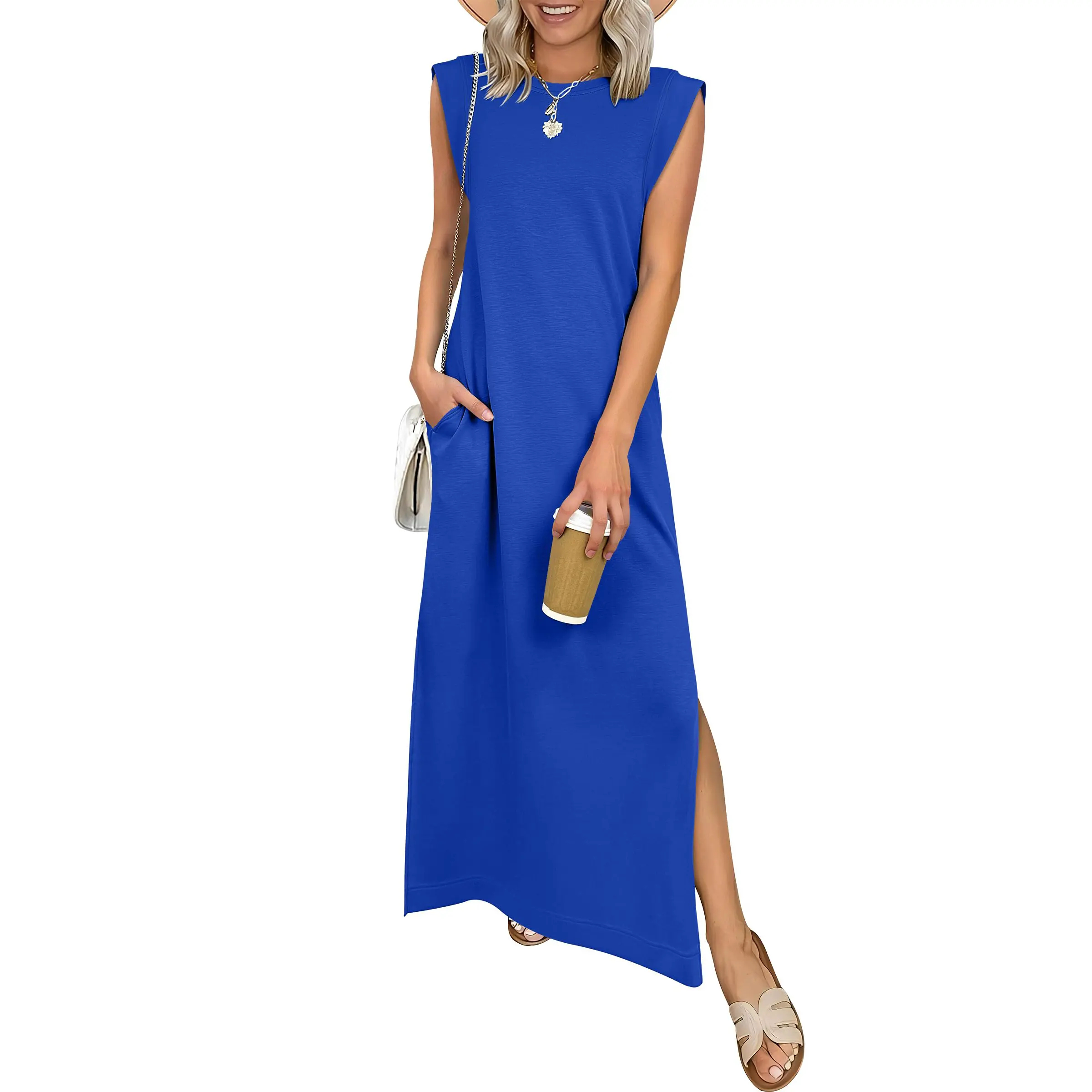 Summer Casual Sleeveless Maxi Dress 2026 Crewneck Loose Split Wrinkle-Free Beach Travel Vacation Long Sundress