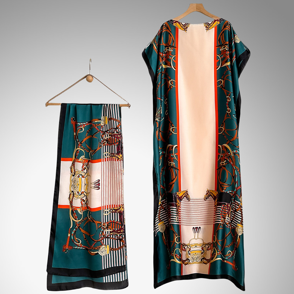 Women's Peacock Print Cape Shawl & Scarf Set, Elegant Beach Cover-Up For Holiday Vacation, Swimsuit Cover Up