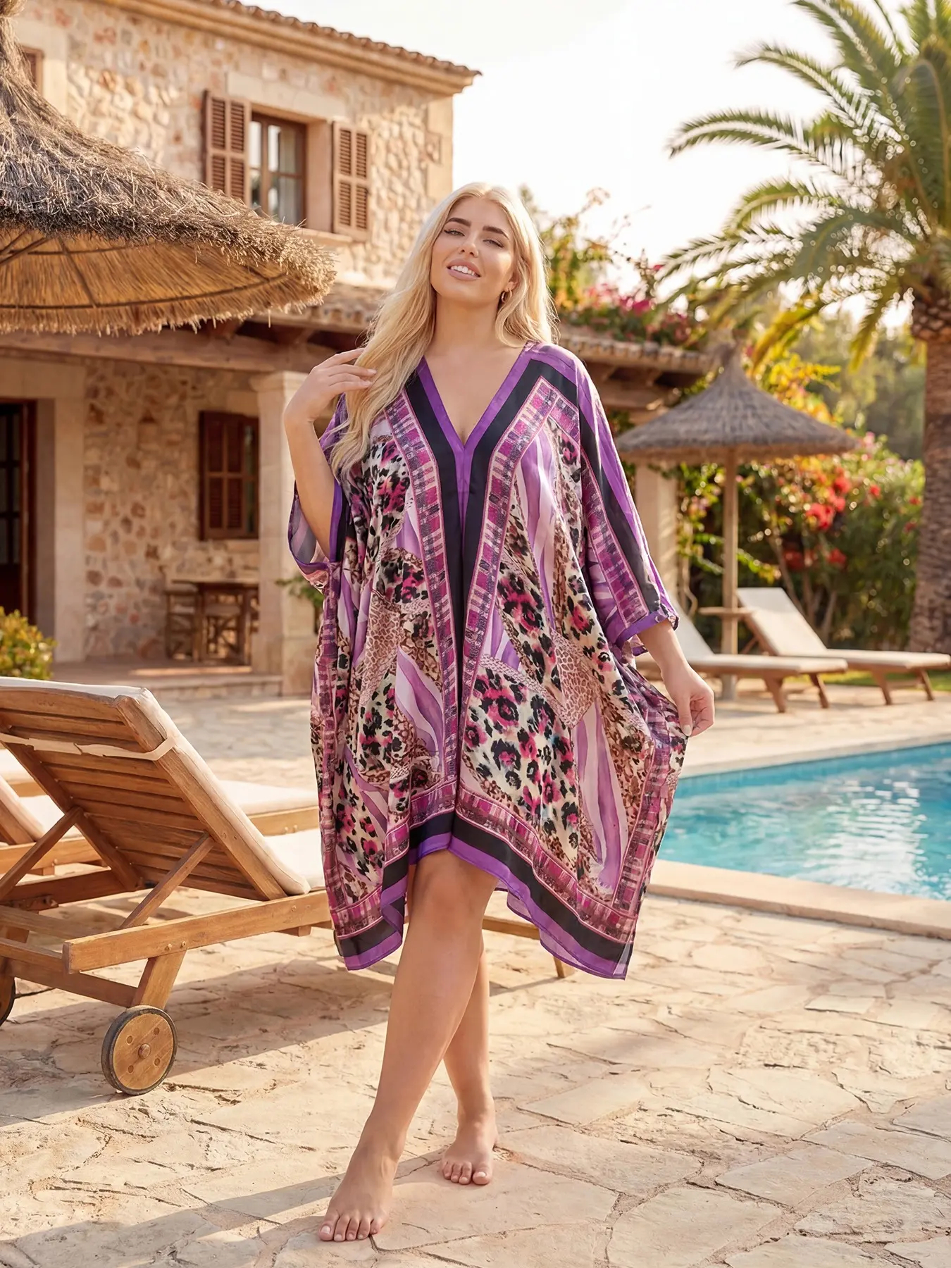 Women's Large V-Neck Shawl, Beach Cover-Up, Beach Coverups, V Neck Coverup, Loose Fit, Breathable, Eye-Catching Print, Perfect for Vacation & Daily Wear