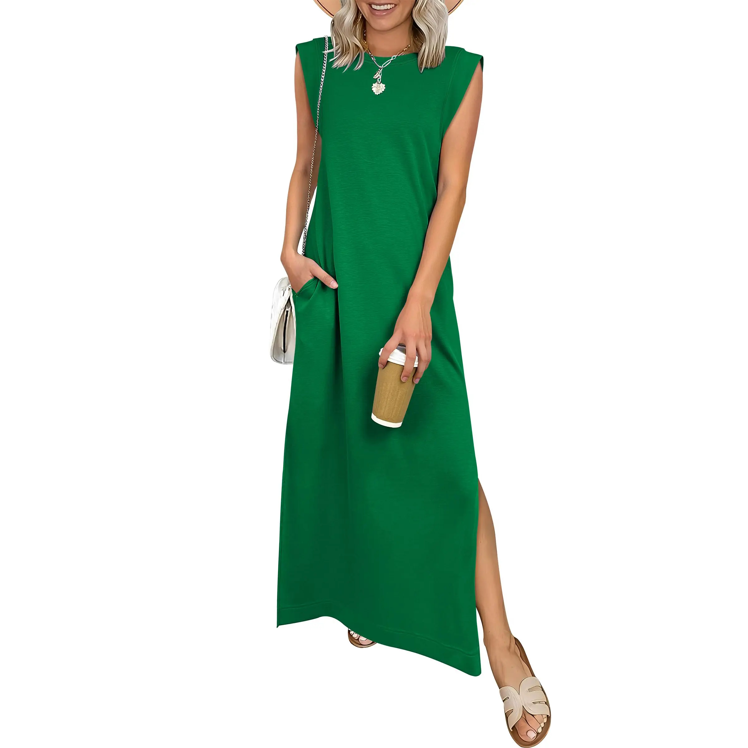Summer Casual Sleeveless Maxi Dress 2026 Crewneck Loose Split Wrinkle-Free Beach Travel Vacation Long Sundress