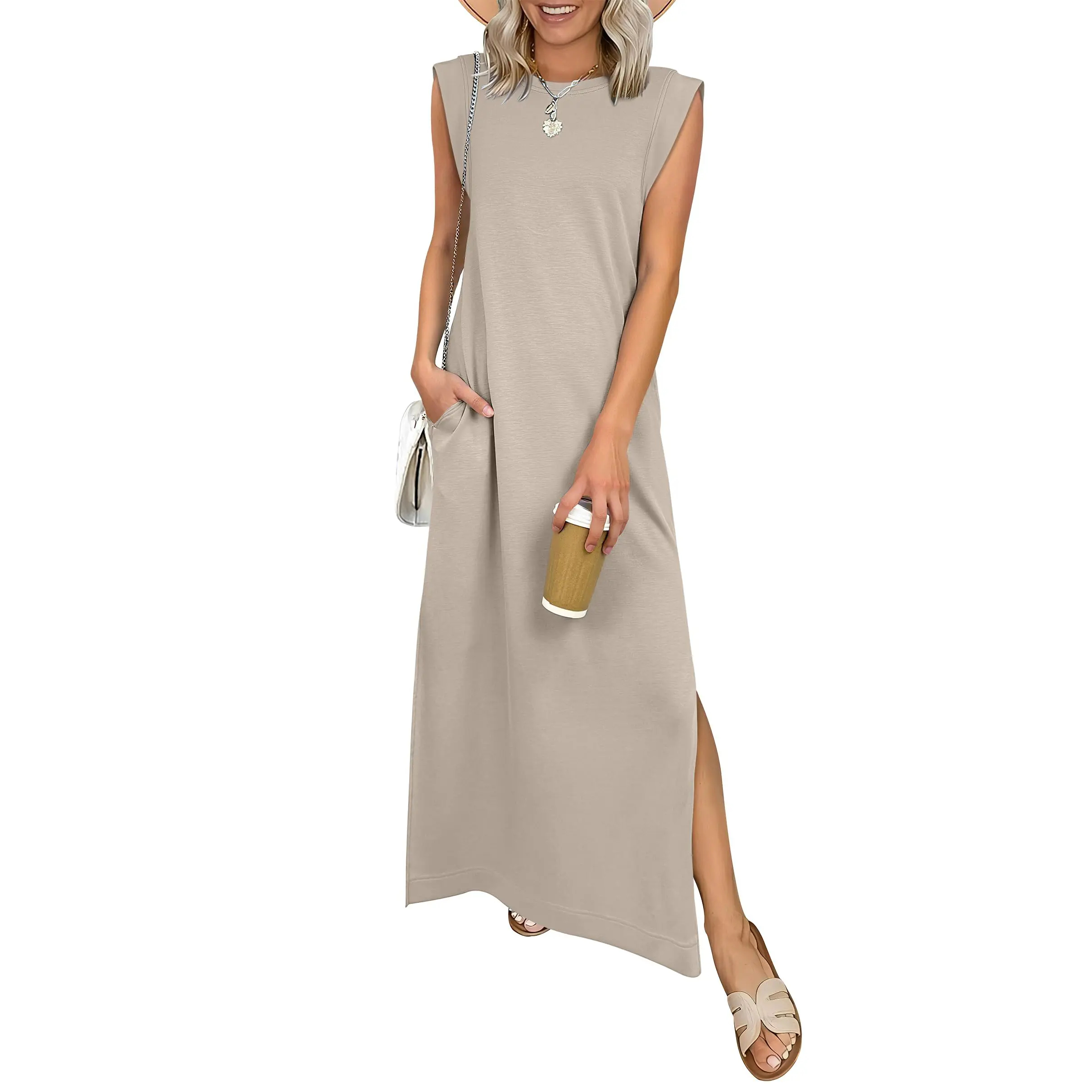 Summer Casual Sleeveless Maxi Dress 2026 Crewneck Loose Split Wrinkle-Free Beach Travel Vacation Long Sundress