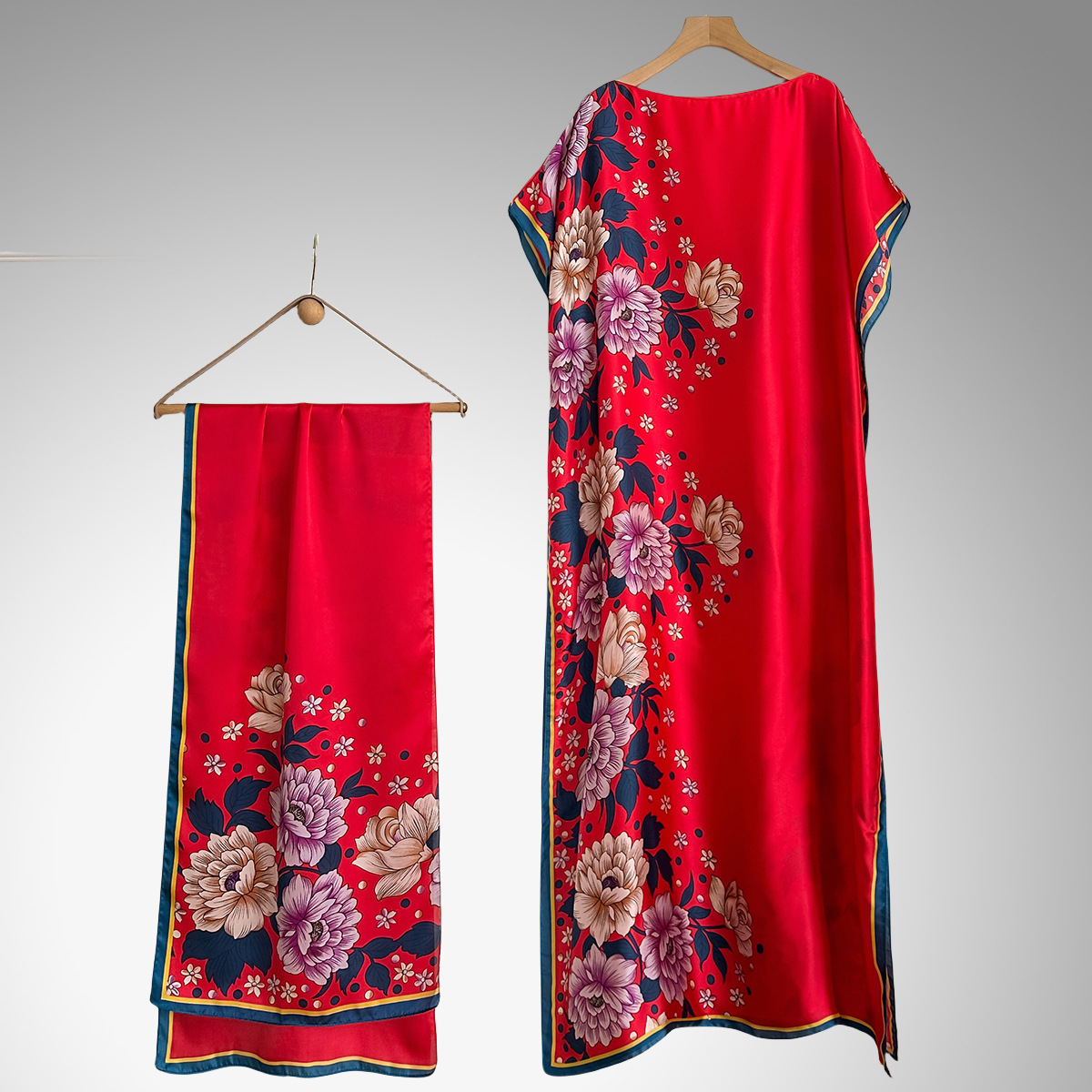 Women's Peacock Print Cape Shawl & Scarf Set, Elegant Beach Cover-Up For Holiday Vacation, Swimsuit Cover Up