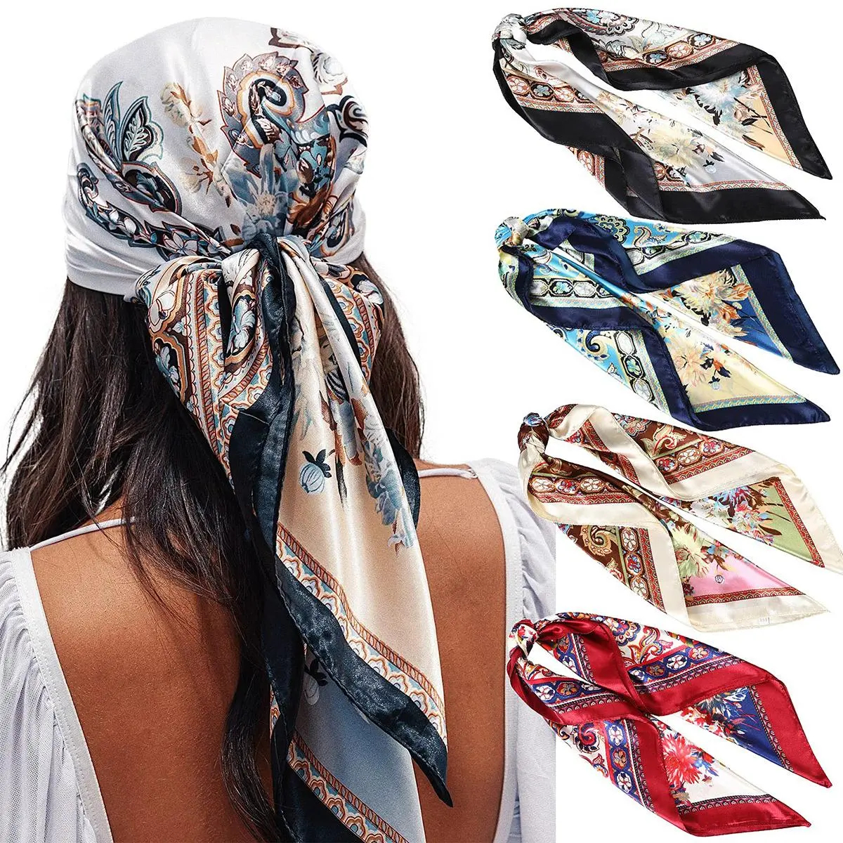 4 Pack Shawl Scarf Set for Women, 35" Large Square Silk-Like Satin Head Wrap, Allover Print Fashion Neck Shawl Accessories for Women, Floral Print Scarf, Decorative Scarf