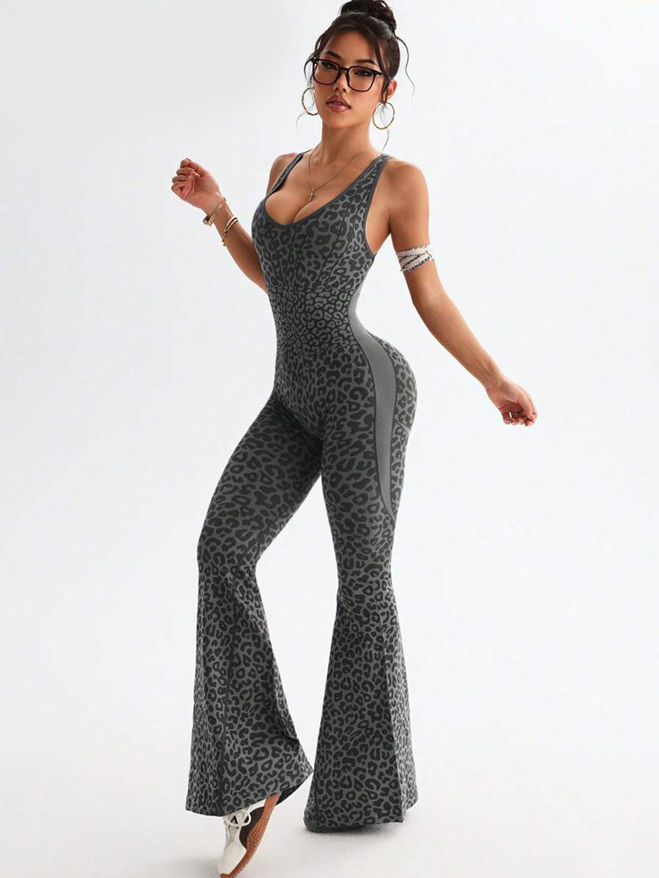Women's Leopard Print Flared Sports Jumpsuit - Backless Hollow Cross-Twisted Back, High-Waisted, Cooling Quick-Drying, Figure-Flattering Gym Apparel, Sports Clothes, Casual Style for Yoga/Outdoor, Clothes for Women