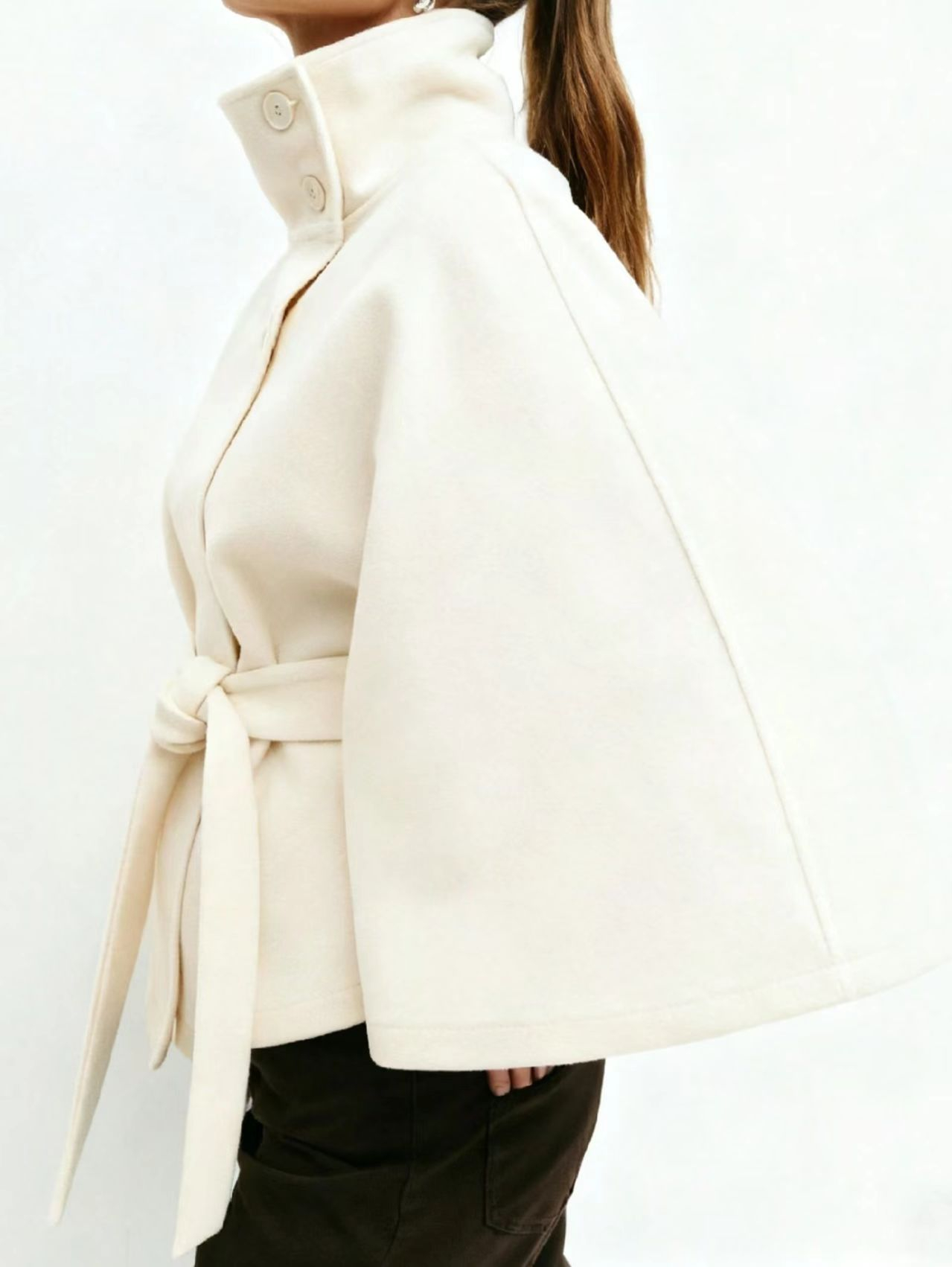 Women's Plain Front Buckle Belted Woolen Cape Coat, Casual Fall & Winter Outerwear, Stylish Daily Wear for Dating, Button