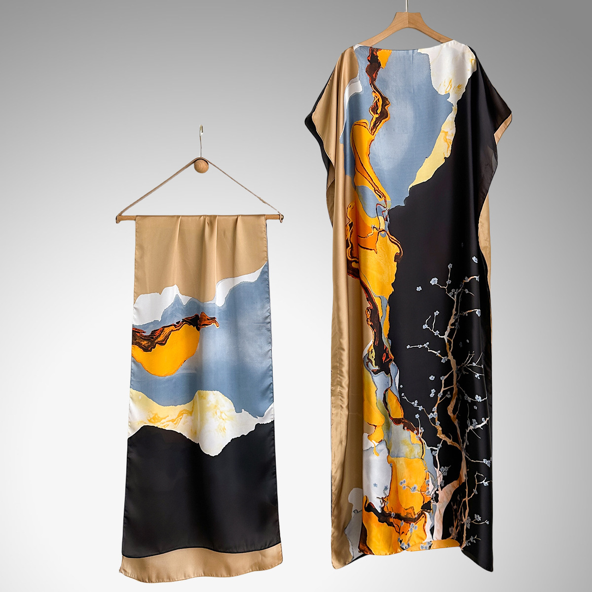 Women's Peacock Print Cape Shawl & Scarf Set, Elegant Beach Cover-Up For Holiday Vacation, Swimsuit Cover Up