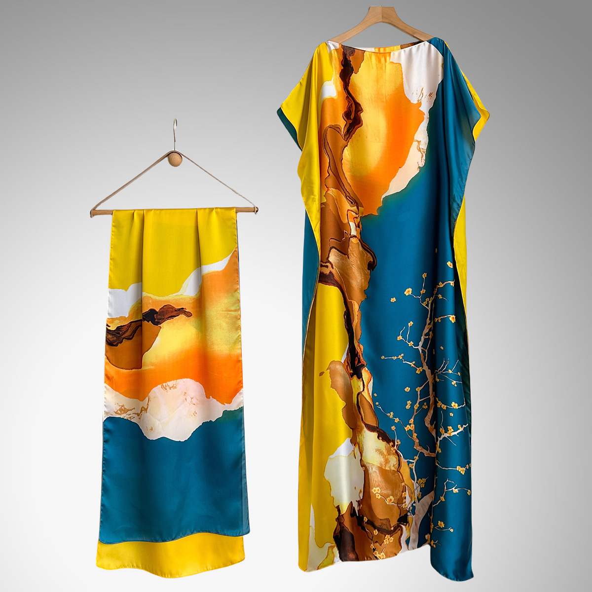 Women's Peacock Print Cape Shawl & Scarf Set, Elegant Beach Cover-Up For Holiday Vacation, Swimsuit Cover Up