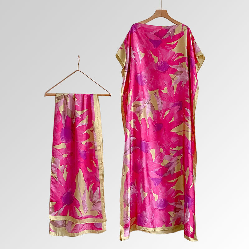 Women's Peacock Print Cape Shawl & Scarf Set, Elegant Beach Cover-Up For Holiday Vacation, Swimsuit Cover Up