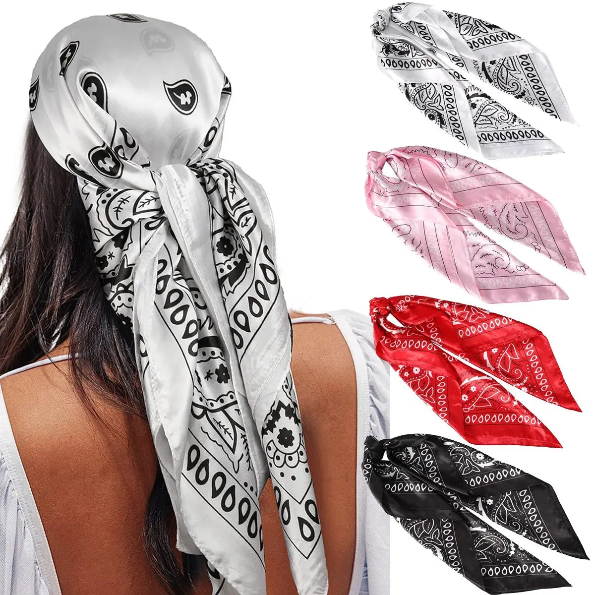 4 Pack Shawl Scarf Set for Women, 35" Large Square Silk-Like Satin Head Wrap, Allover Print Fashion Neck Shawl Accessories for Women, Floral Print Scarf, Decorative Scarf