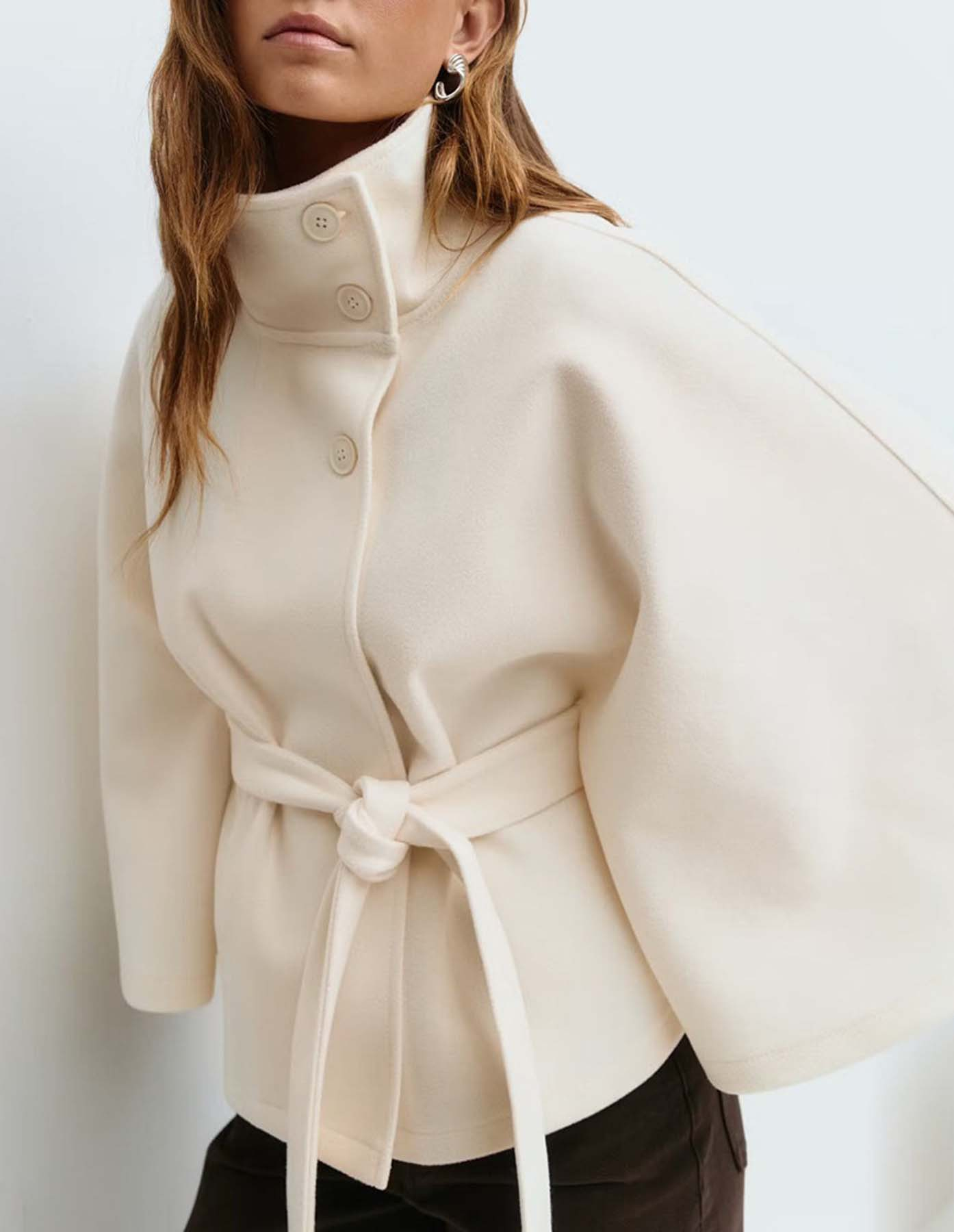 Women's Plain Front Buckle Belted Woolen Cape Coat, Casual Fall & Winter Outerwear, Stylish Daily Wear for Dating, Button
