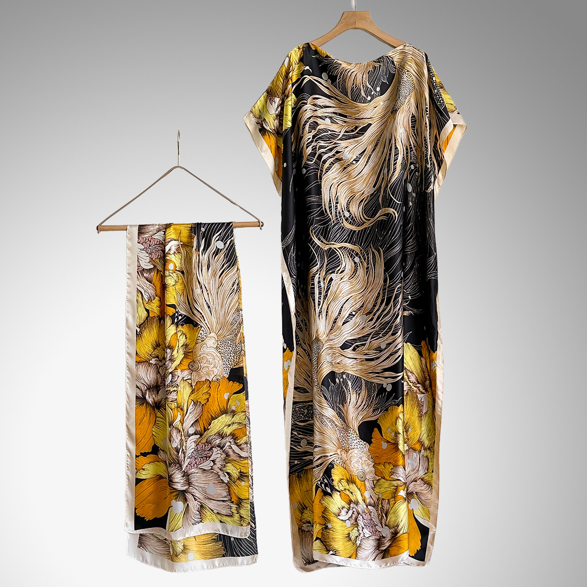 Women's Peacock Print Cape Shawl & Scarf Set, Elegant Beach Cover-Up For Holiday Vacation, Swimsuit Cover Up