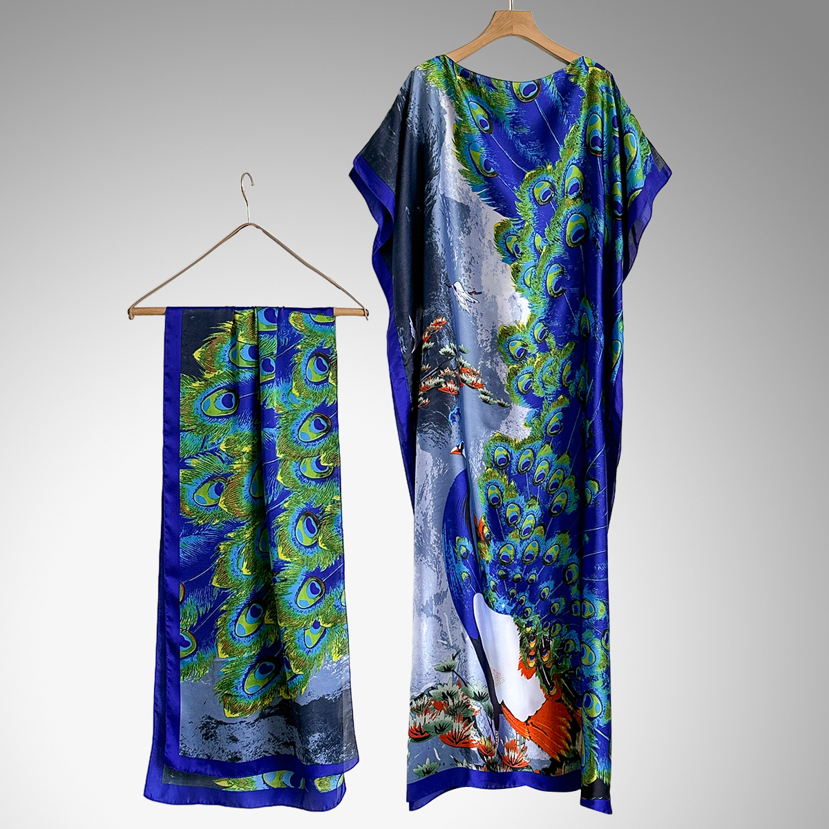 Women's Peacock Print Cape Shawl & Scarf Set, Elegant Beach Cover-Up For Holiday Vacation, Swimsuit Cover Up