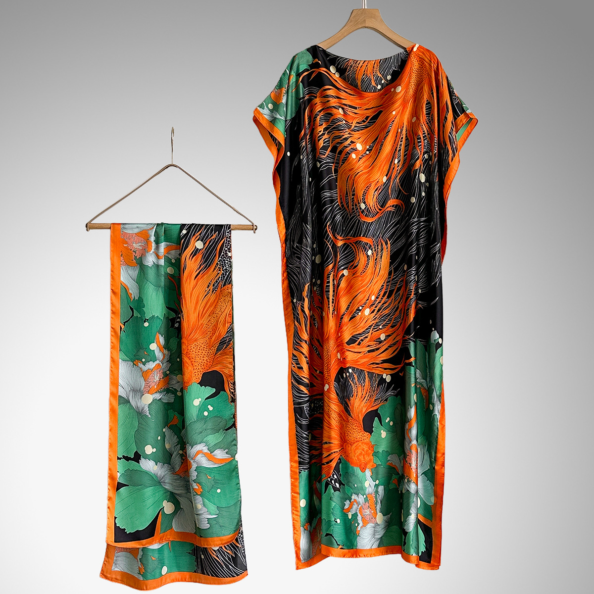 Women's Peacock Print Cape Shawl & Scarf Set, Elegant Beach Cover-Up For Holiday Vacation, Swimsuit Cover Up
