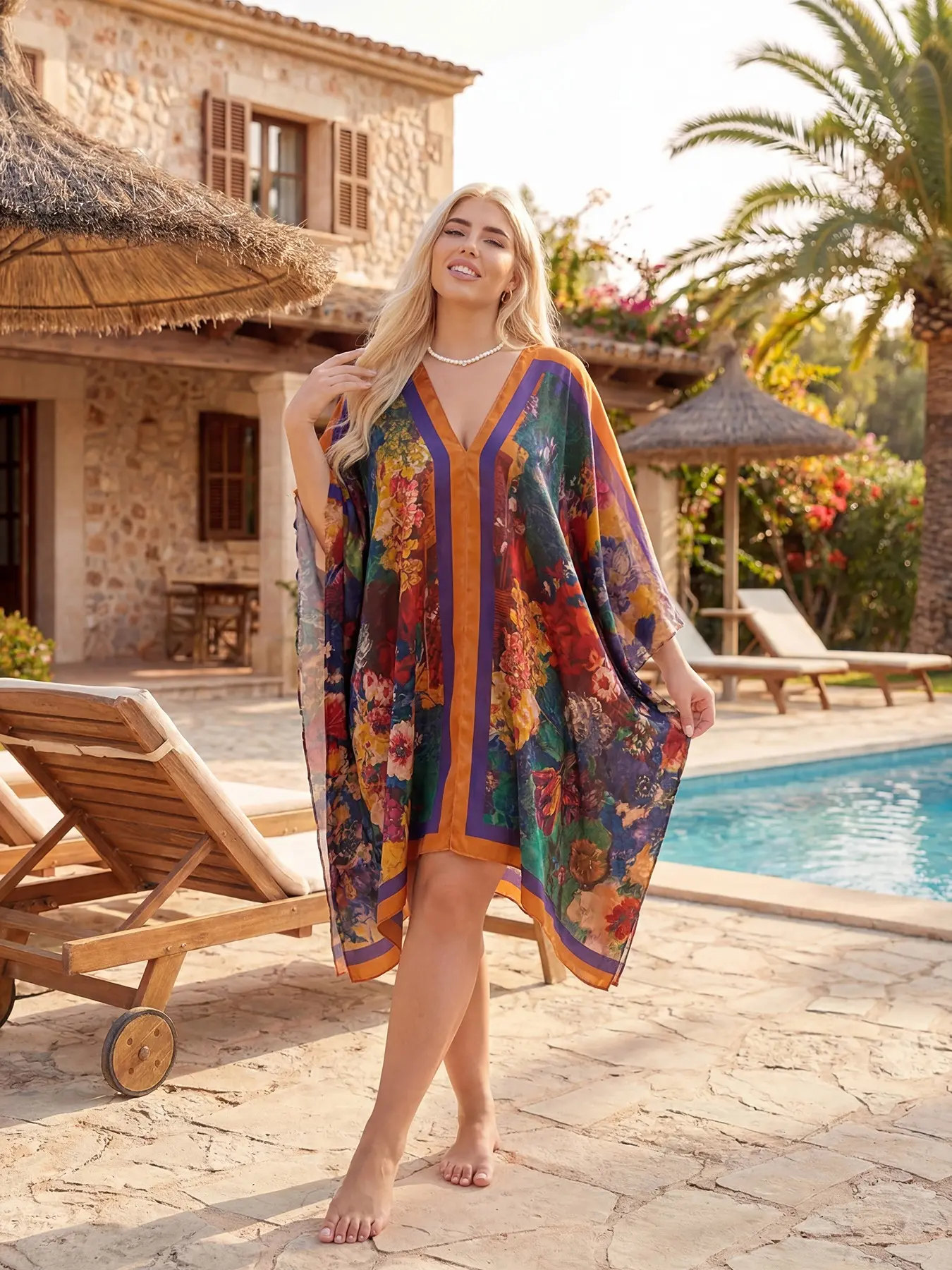 Women's Large V-Neck Shawl, Beach Cover-Up, Beach Coverups, V Neck Coverup, Loose Fit, Breathable, Eye-Catching Print, Perfect for Vacation & Daily Wear