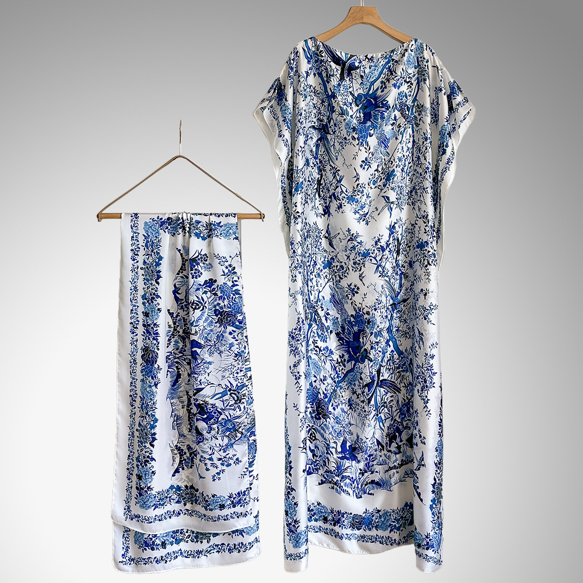 Women's Peacock Print Cape Shawl & Scarf Set, Elegant Beach Cover-Up For Holiday Vacation, Swimsuit Cover Up