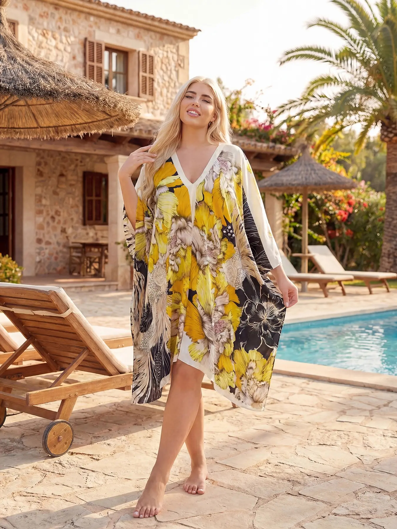 Women's Large V-Neck Shawl, Beach Cover-Up, Beach Coverups, V Neck Coverup, Loose Fit, Breathable, Eye-Catching Print, Perfect for Vacation & Daily Wear