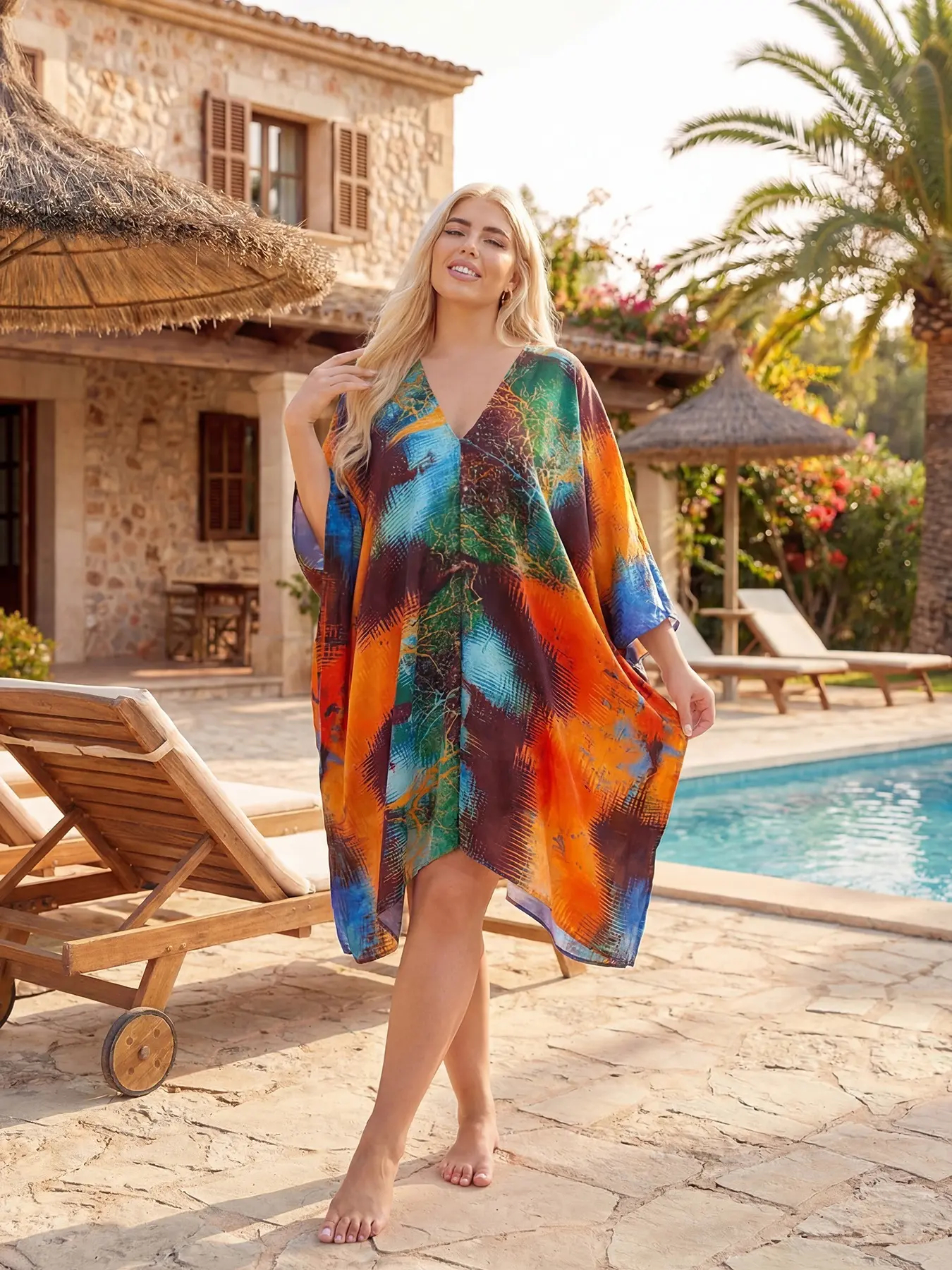 Women's Large V-Neck Shawl, Beach Cover-Up, Beach Coverups, V Neck Coverup, Loose Fit, Breathable, Eye-Catching Print, Perfect for Vacation & Daily Wear