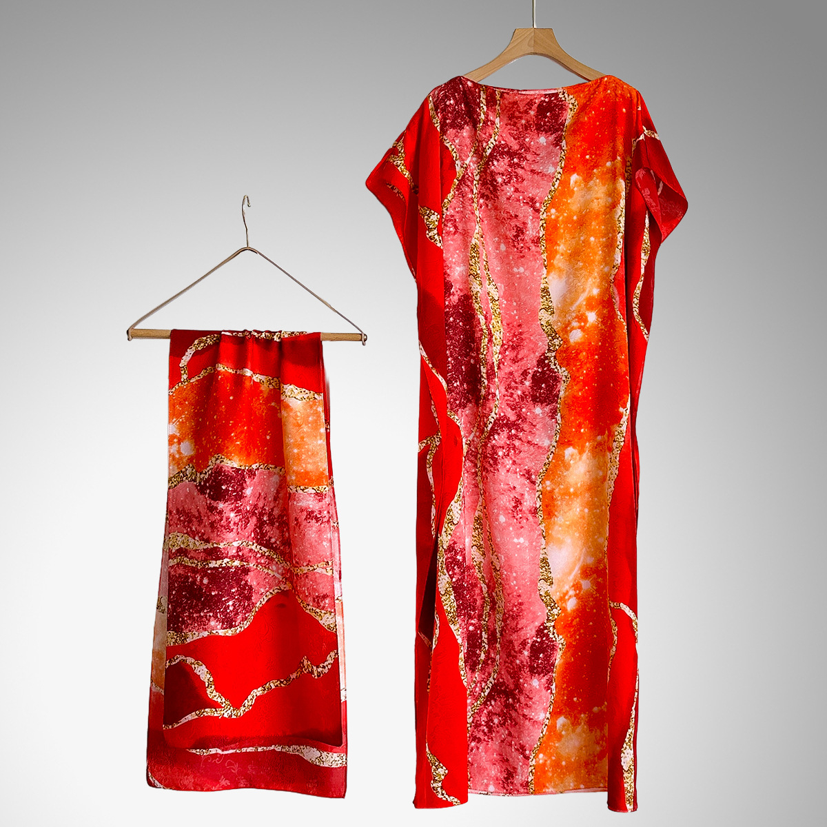 Women's Peacock Print Cape Shawl & Scarf Set, Elegant Beach Cover-Up For Holiday Vacation, Swimsuit Cover Up