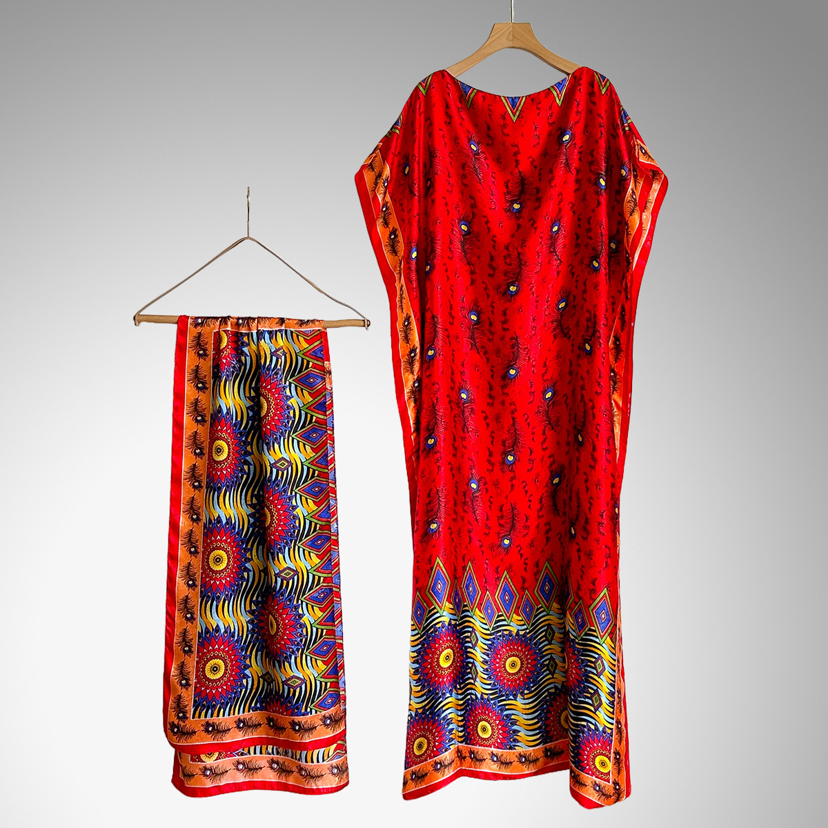 Women's Peacock Print Cape Shawl & Scarf Set, Elegant Beach Cover-Up For Holiday Vacation, Swimsuit Cover Up