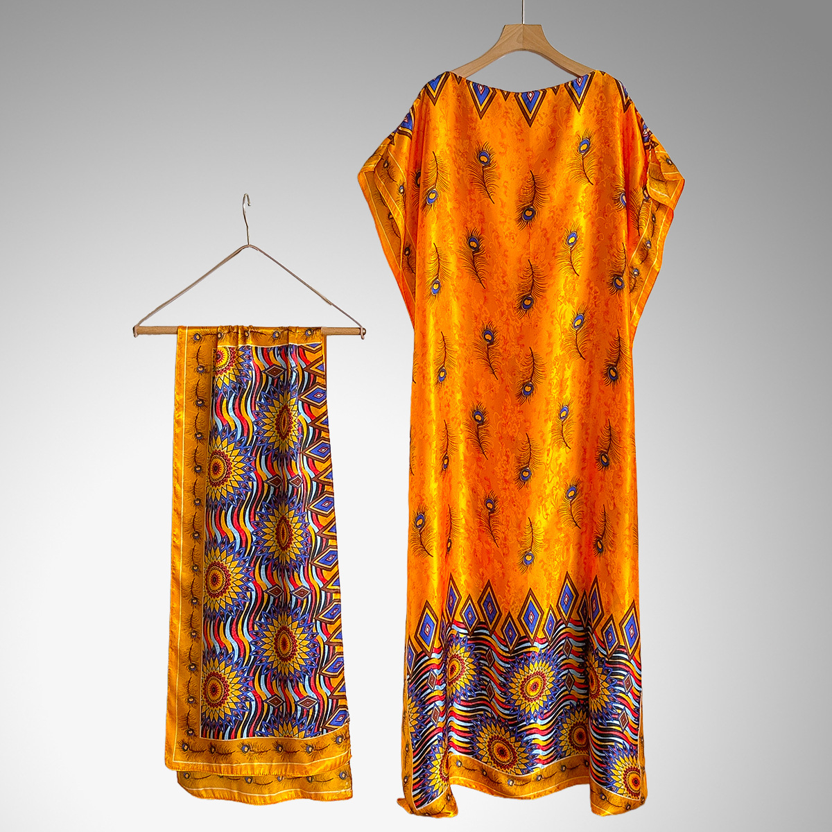 Women's Peacock Print Cape Shawl & Scarf Set, Elegant Beach Cover-Up For Holiday Vacation, Swimsuit Cover Up