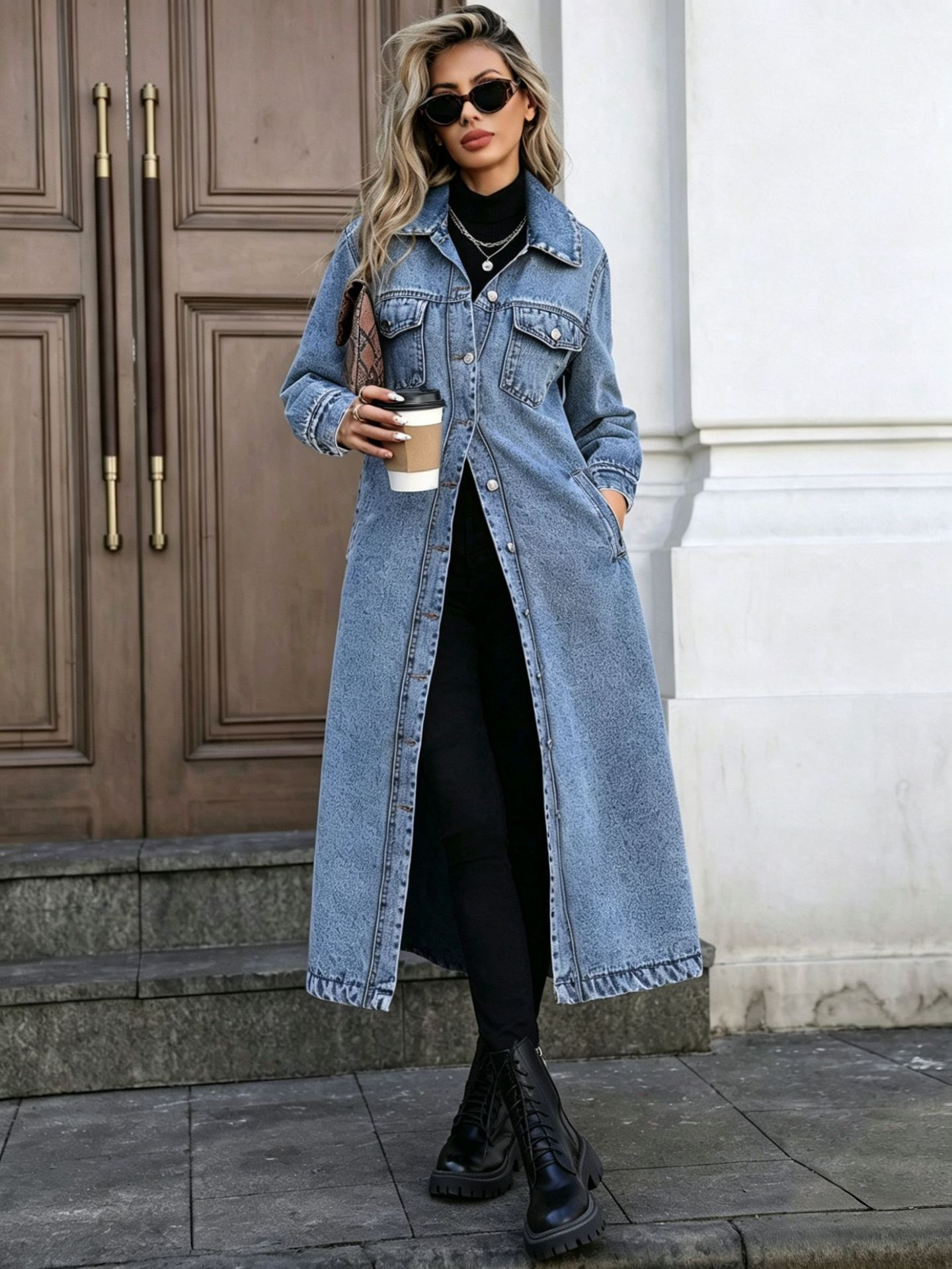 Women's Button Front Denim Coat, Elegant Casual Long Sleeve Denim Jacket for Spring & Fall, Women's Clothing for Daily Wear