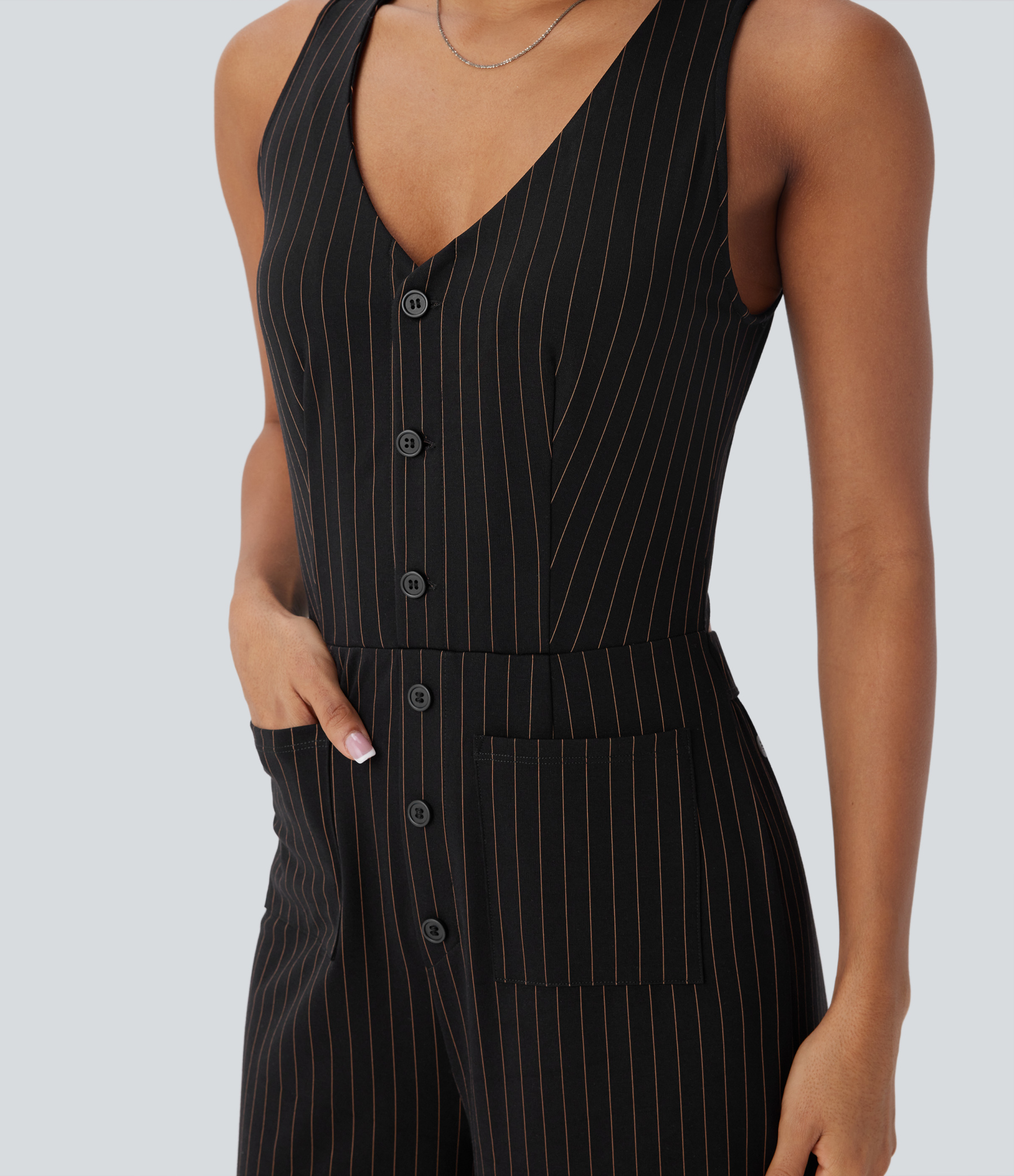 V Neck Sleeveless Cut Out Pockets Wide Leg Stripe Cool Touch Work Jumpsuit