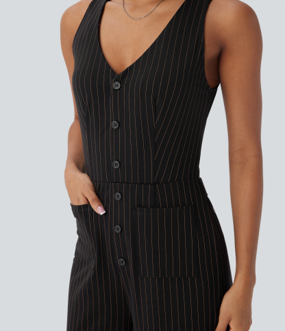 V Neck Sleeveless Cut Out Pockets Wide Leg Stripe Cool Touch Work Jumpsuit