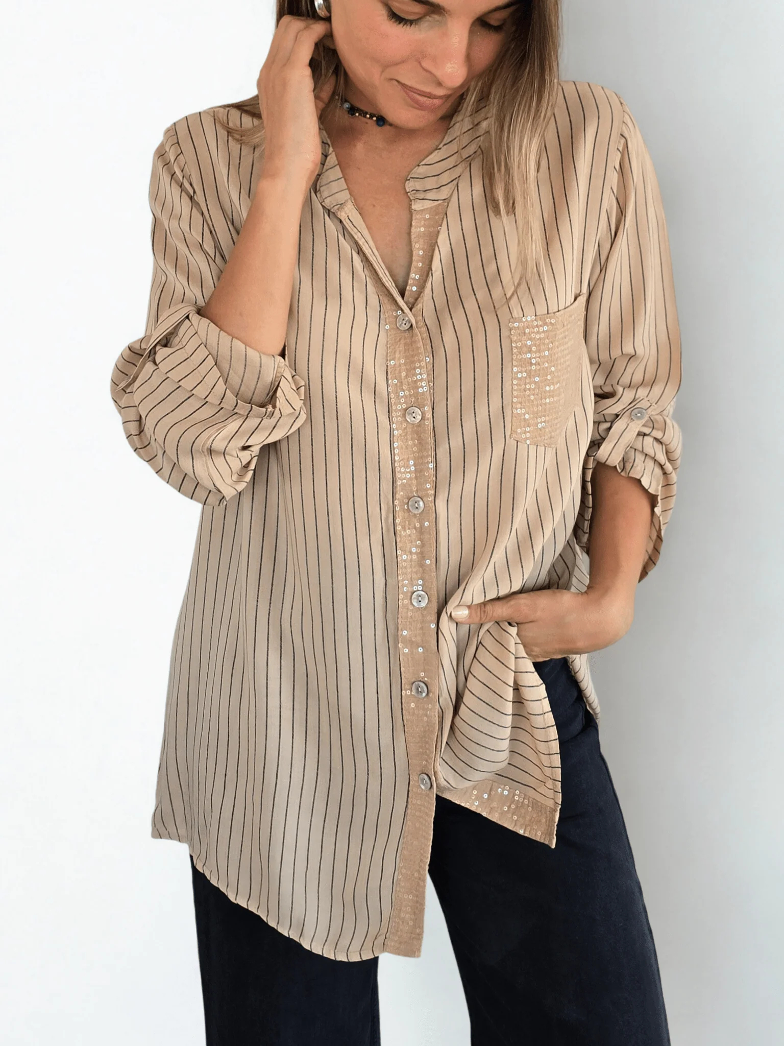 Women's Striped Shimmering Long-sleeved Shirt