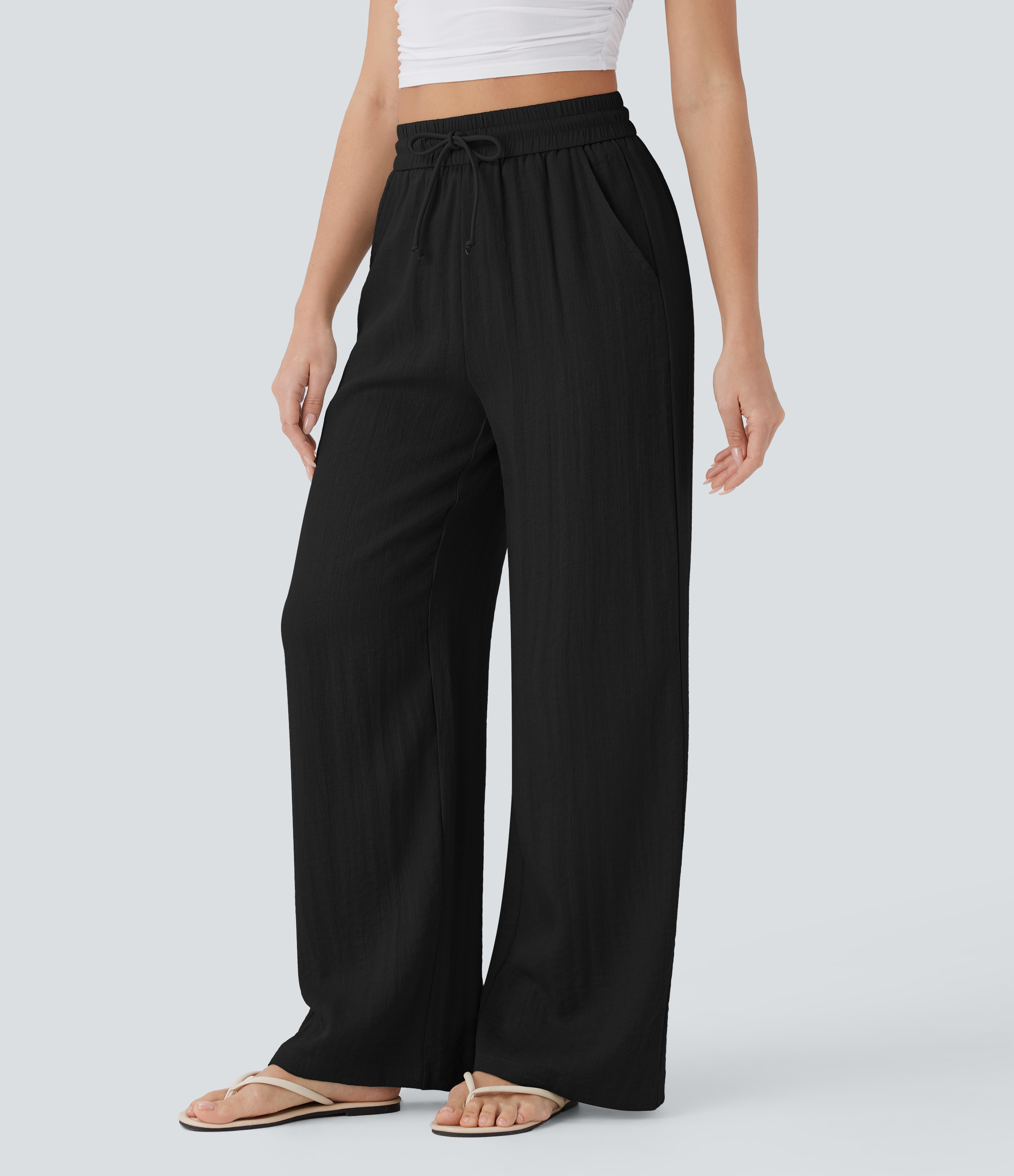 High Waisted Drawstring Pocket Wide Leg Casual Linen-Feel Pants