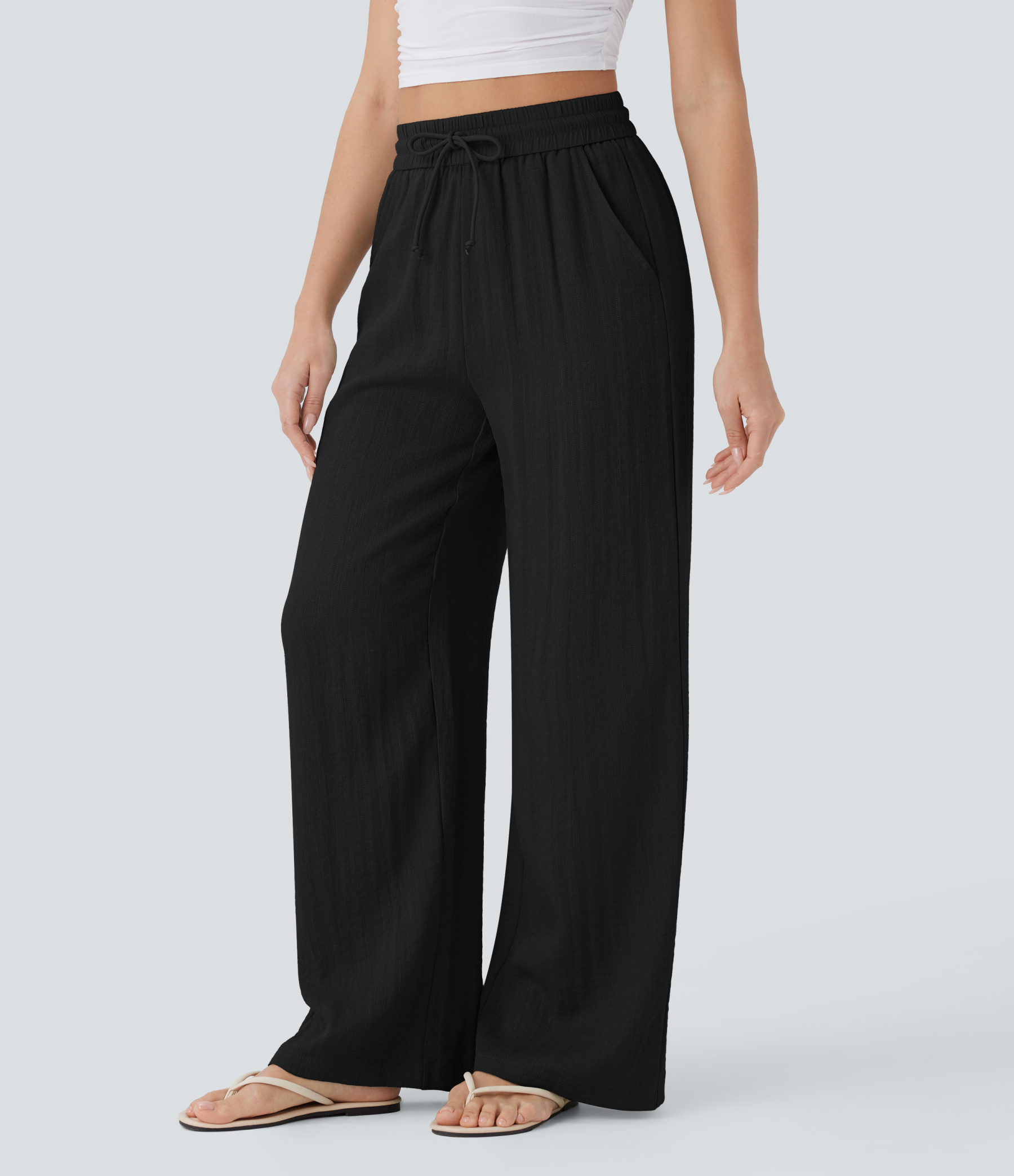High Waisted Drawstring Pocket Wide Leg Casual Linen-Feel Pants