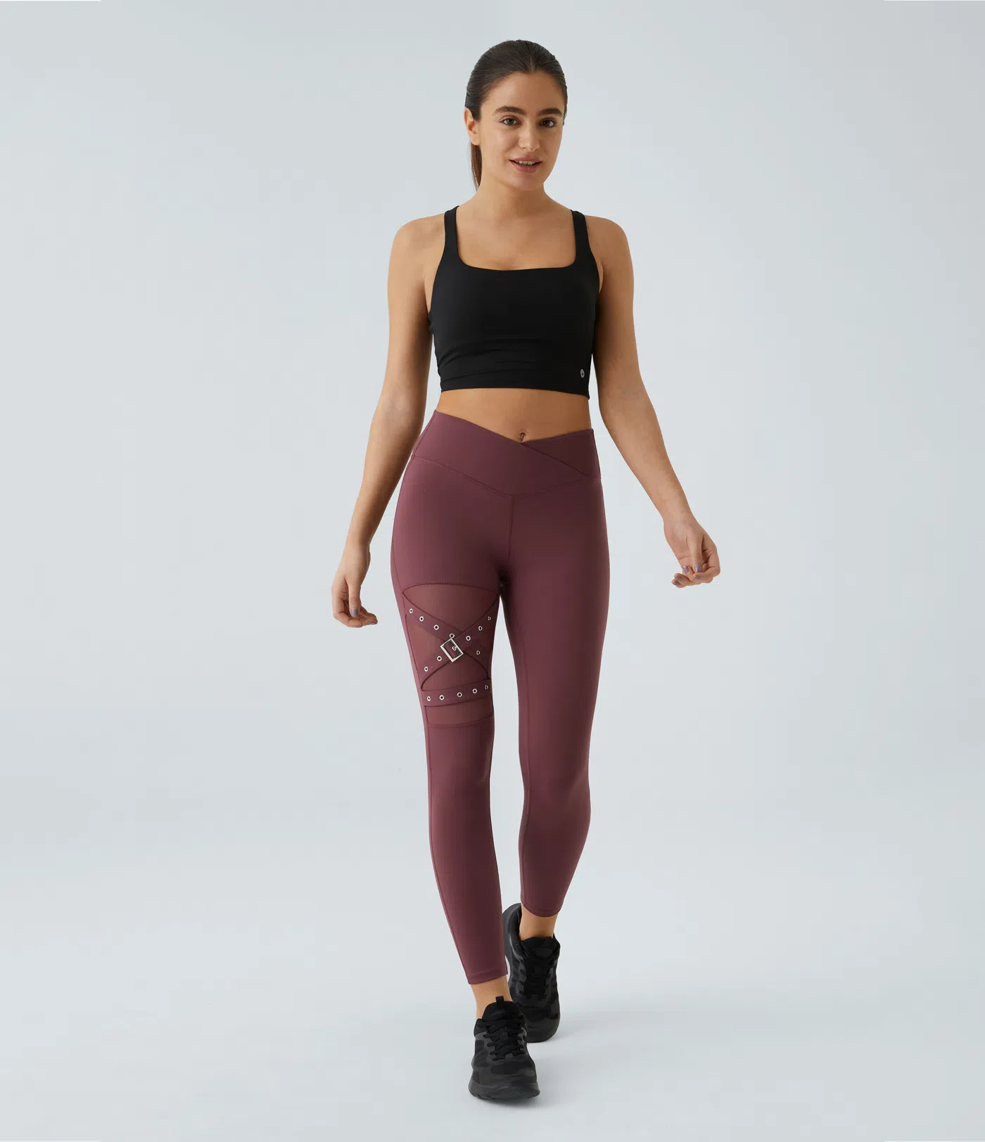 DayStretch High Waisted Crossover Contrast Mesh Decorative Buckle Yoga Leggings
