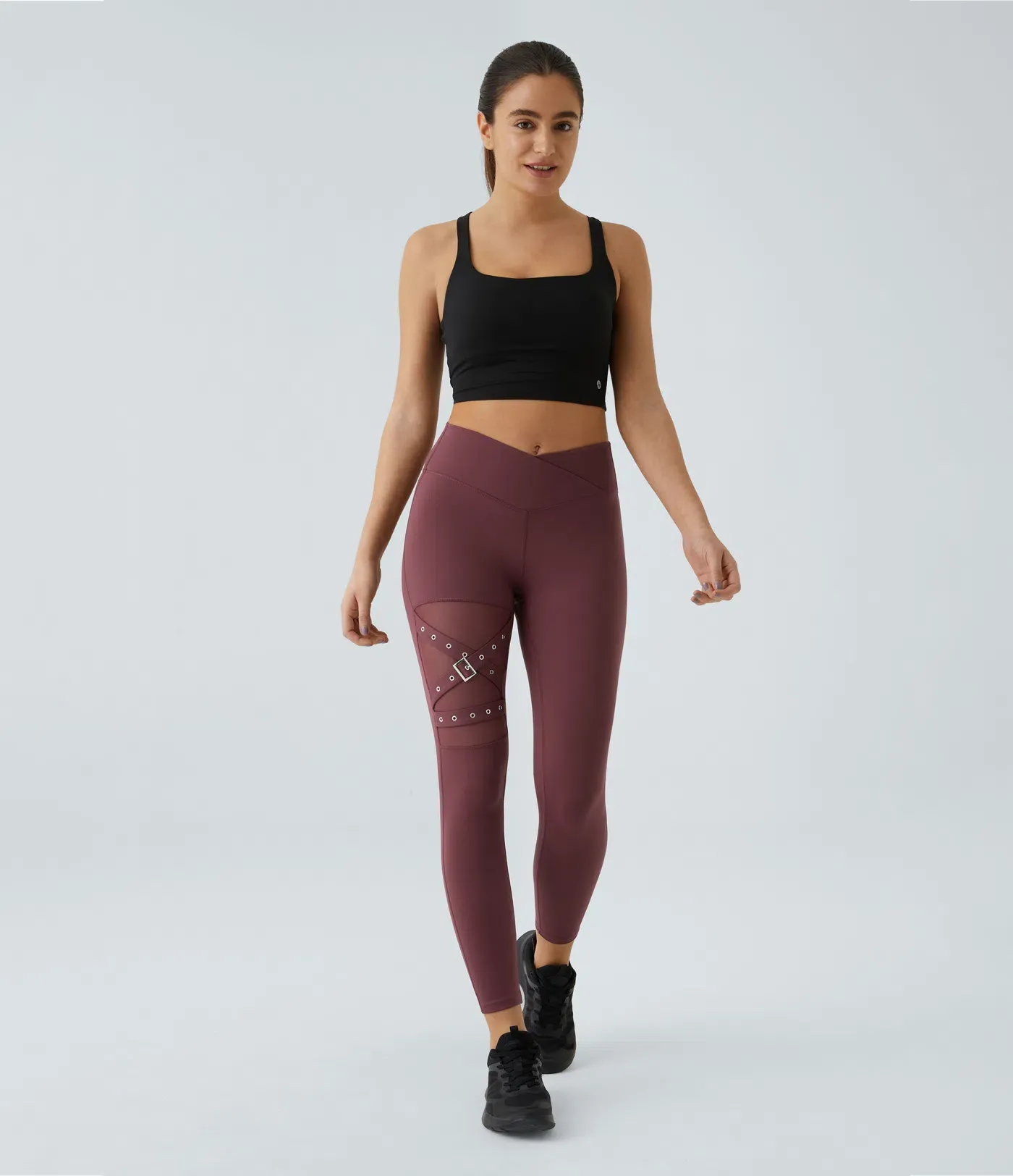 DayStretch High Waisted Crossover Contrast Mesh Decorative Buckle Yoga Leggings