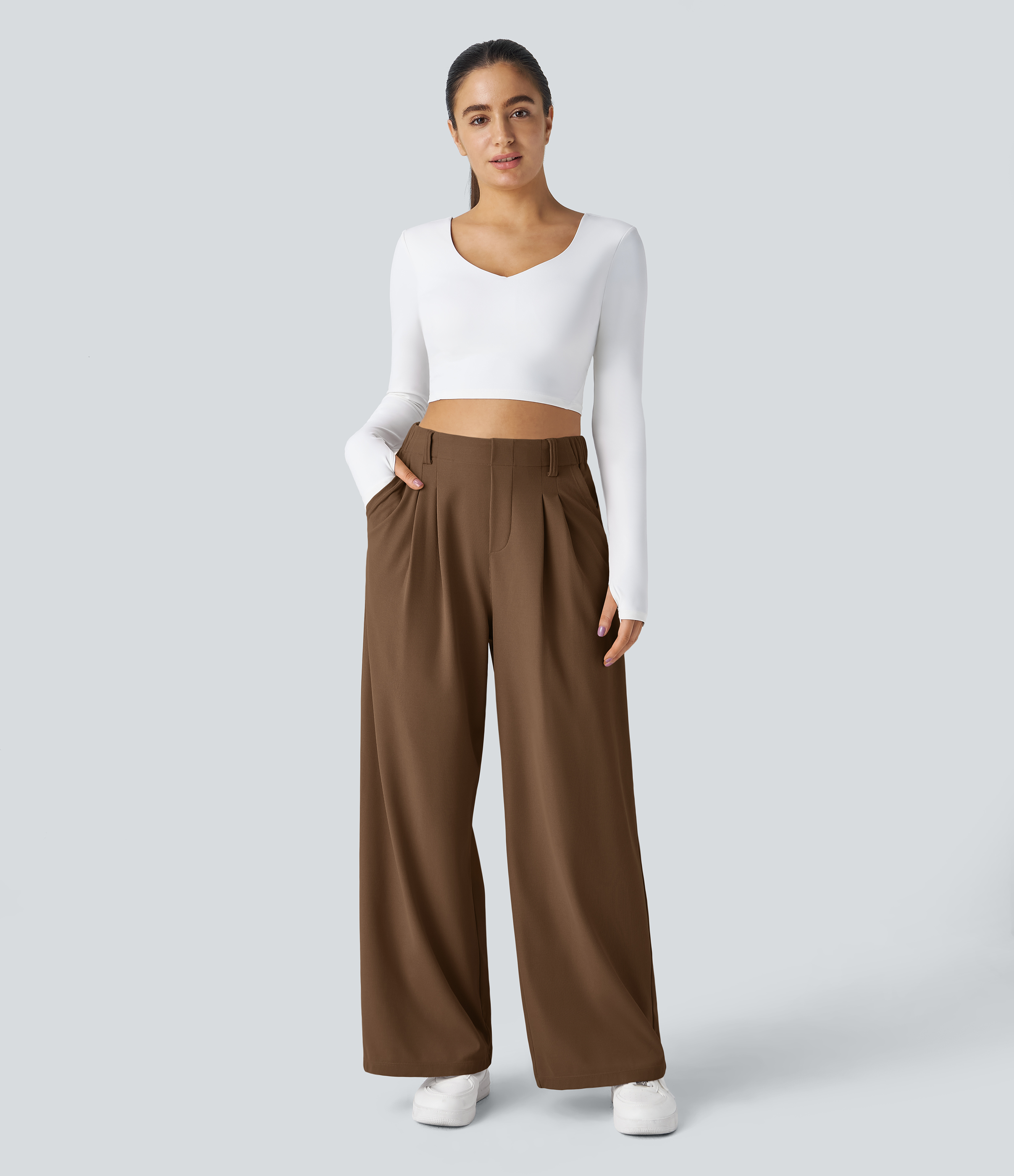 High Waisted Pocket Wide Leg Waffle Work Pants