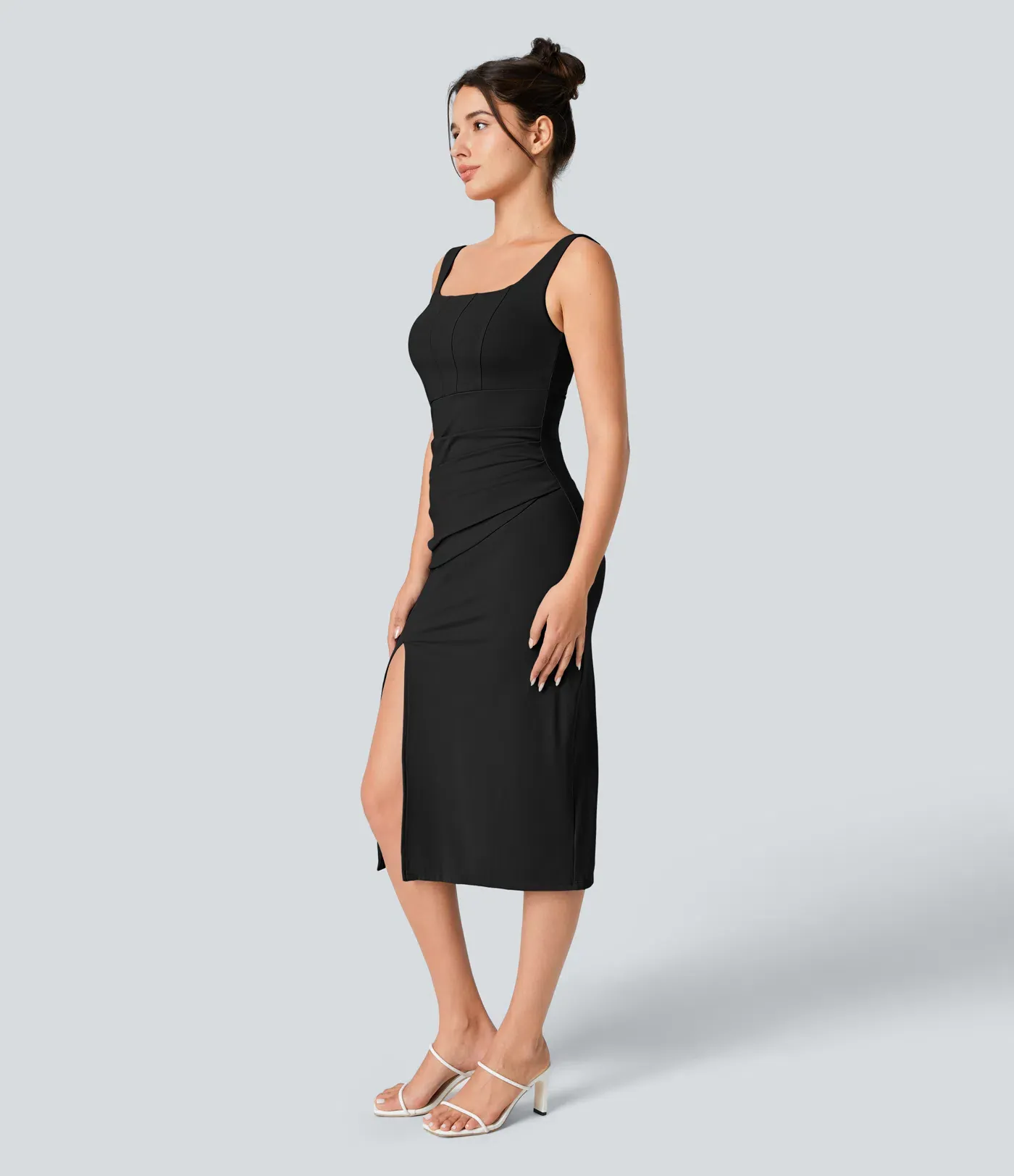 V-neck Short-sleeve Pocket Lace-up Back Quick-drying Mid-length Casual Dress-extended